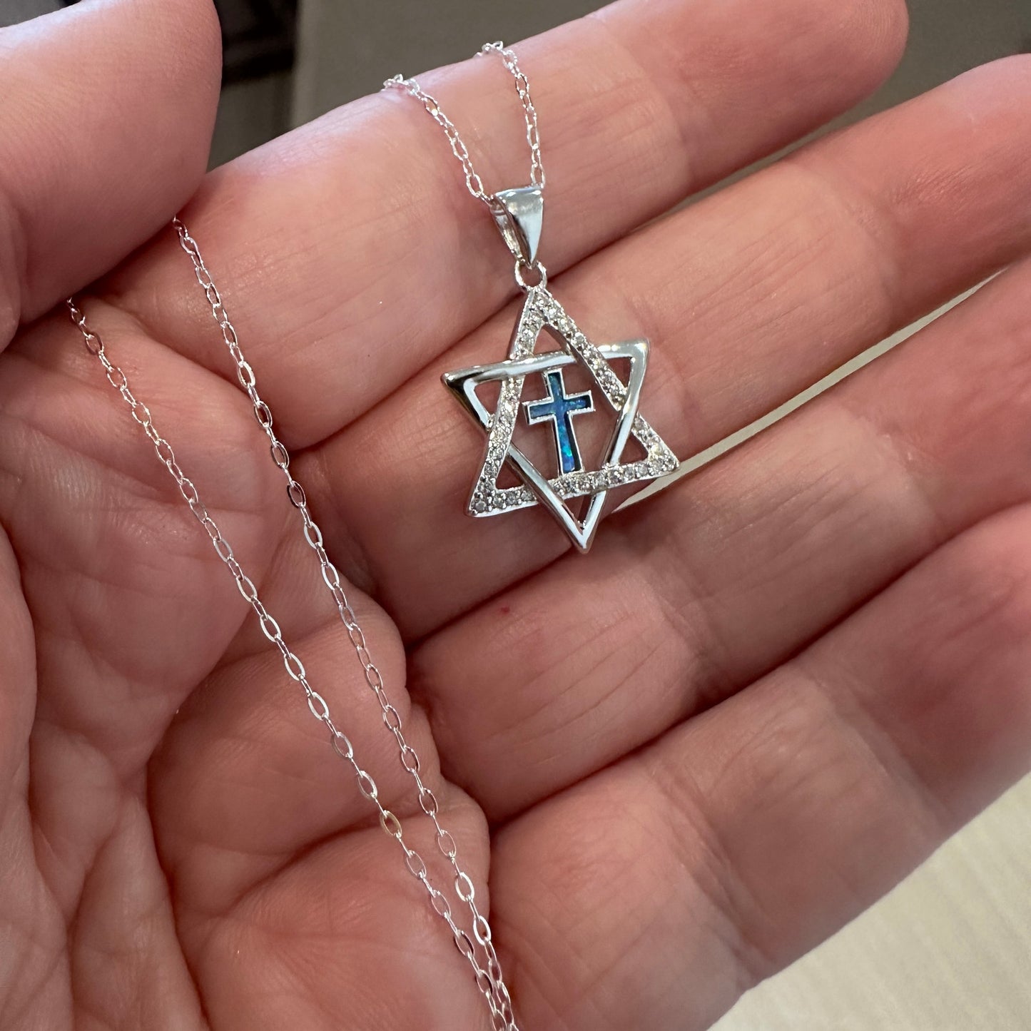 Star of David & Cross CZ Lab Opal Sterling Silver Necklace