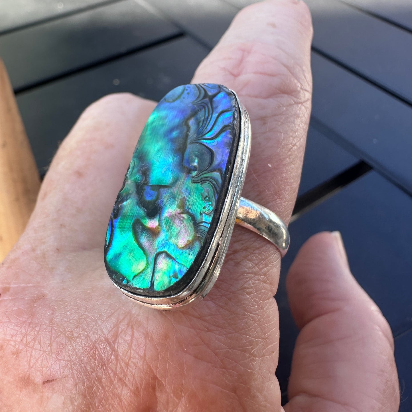 Abalone Shell Sterling Silver Plated Ring – Size 13 Statement Jewelry