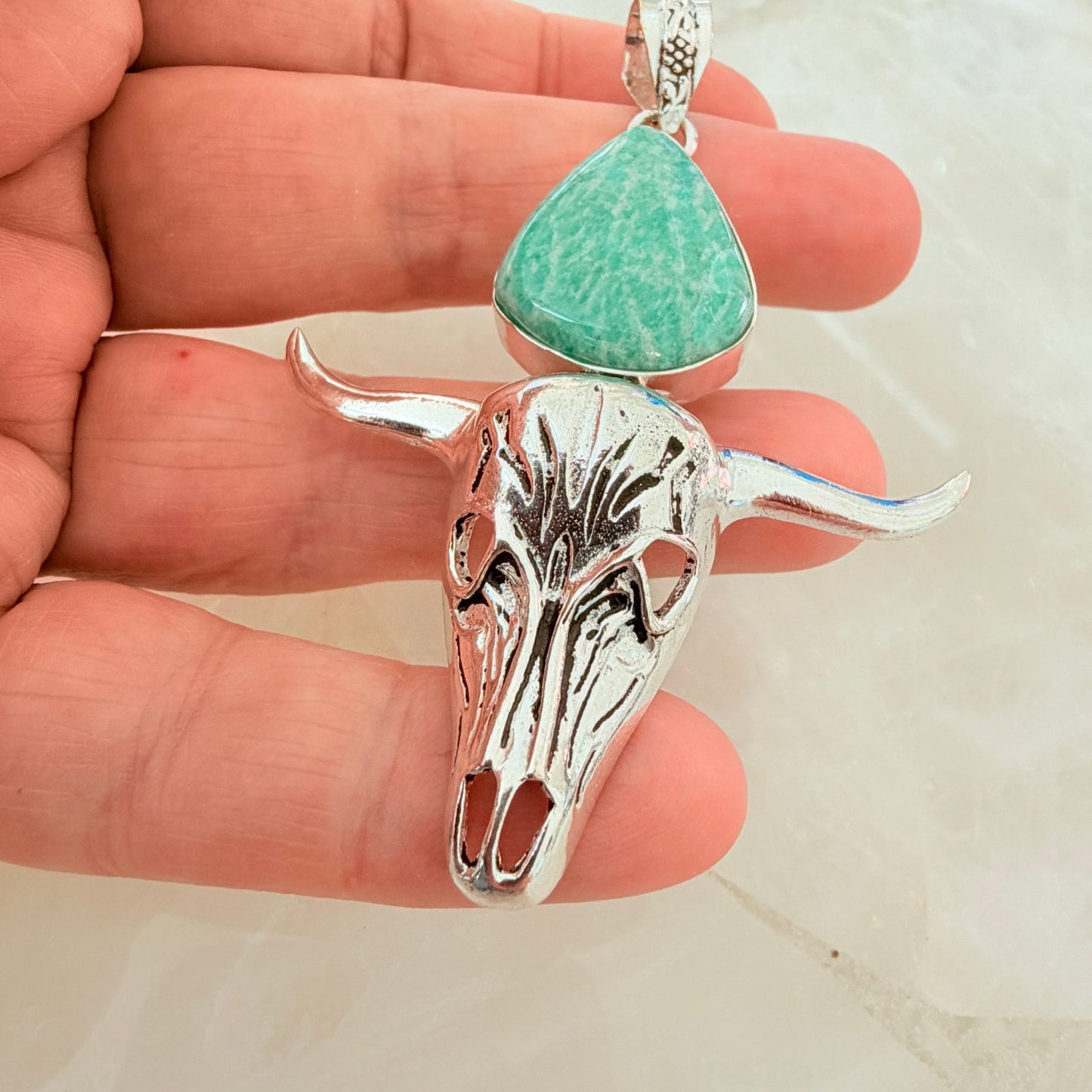 Amazonite Bull Skull Pendant 925 Plated Longhorn Western