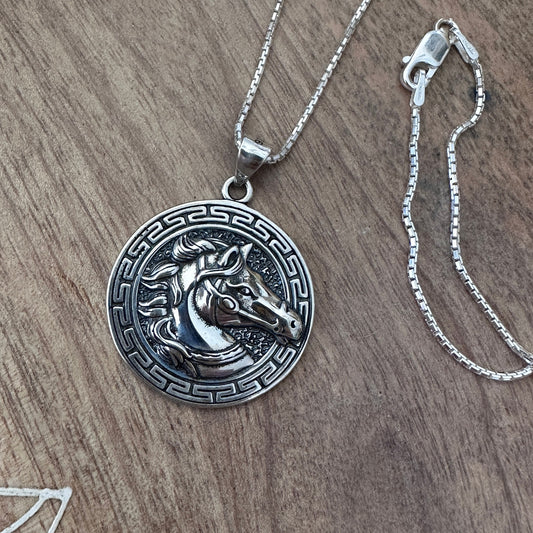 Sterling Silver Horse Medallion Necklace-925 Rounded Box Chain