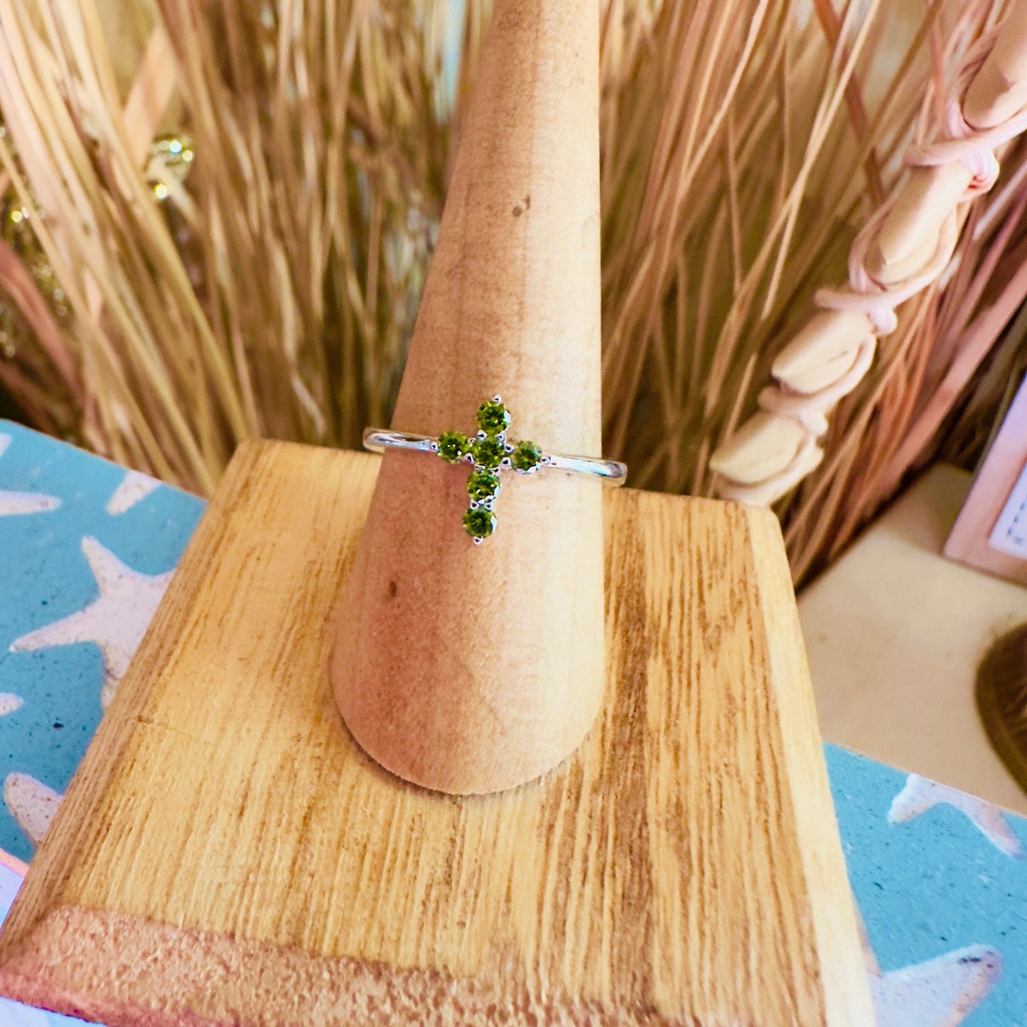 Sterling Silver Cross Green CZ Ring