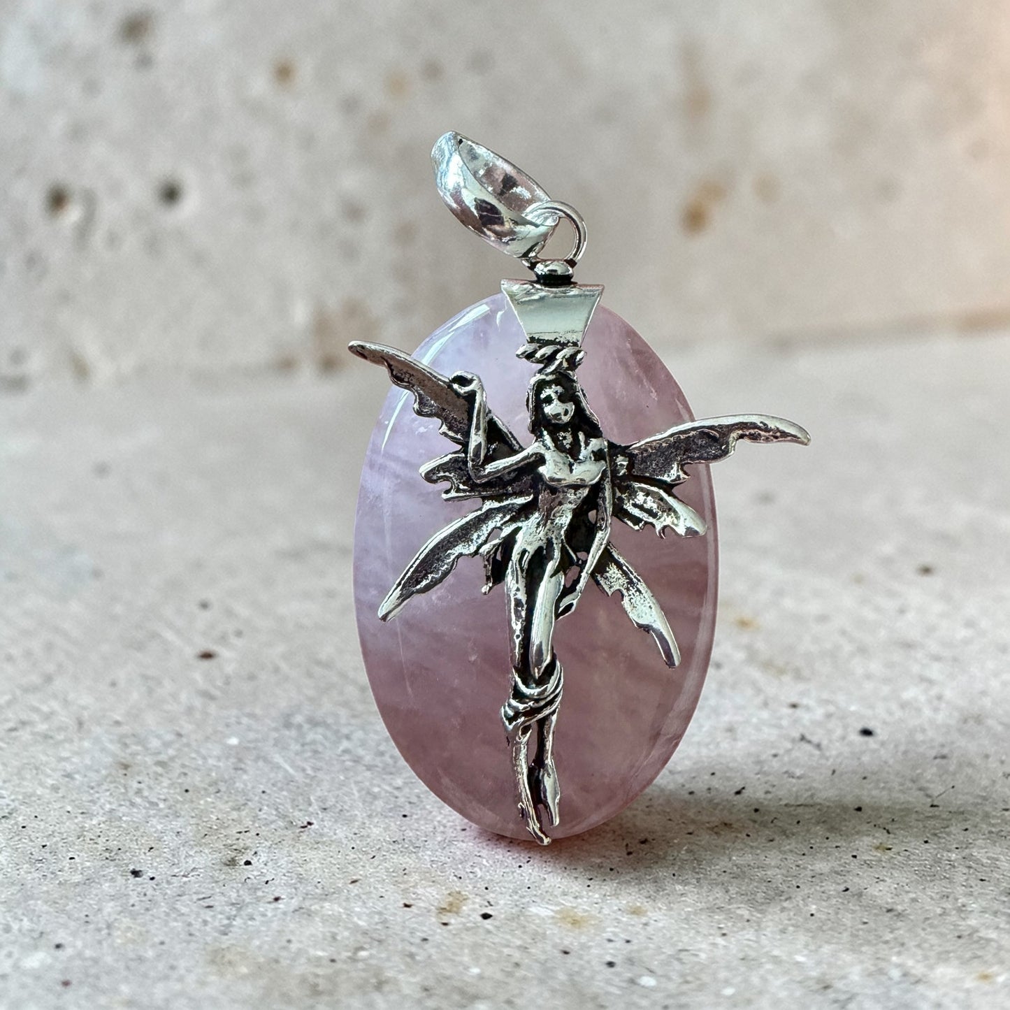 Fairy Rose Quartz Pendant Sterling Silver Overlay 2"