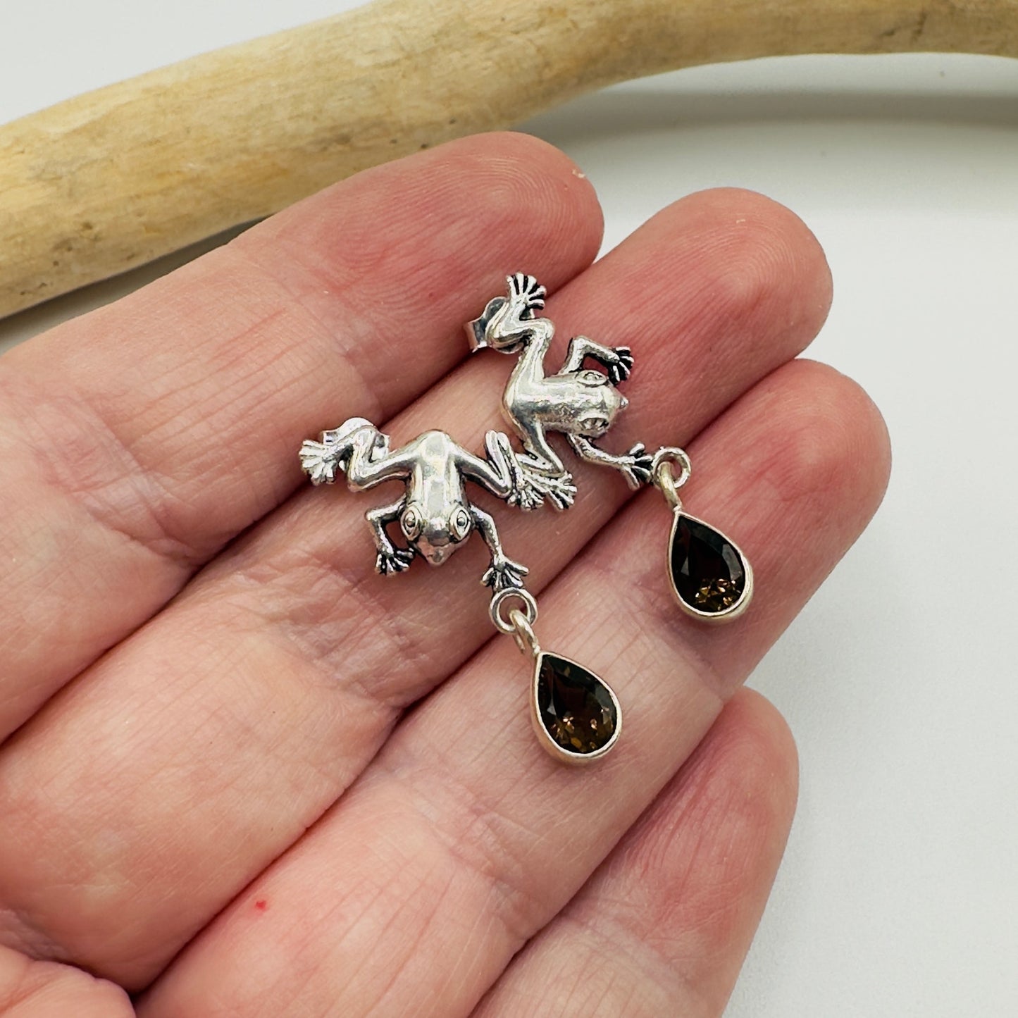 925 Sterling Silver Frog Smoky Topaz Earrings-Dangle Earrings