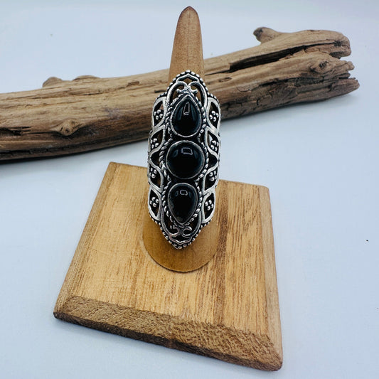 Black Onyx Sterling Silver Plated Ring – Size 7, Ornate Four-Stone Statement Design, Gemstone Ring