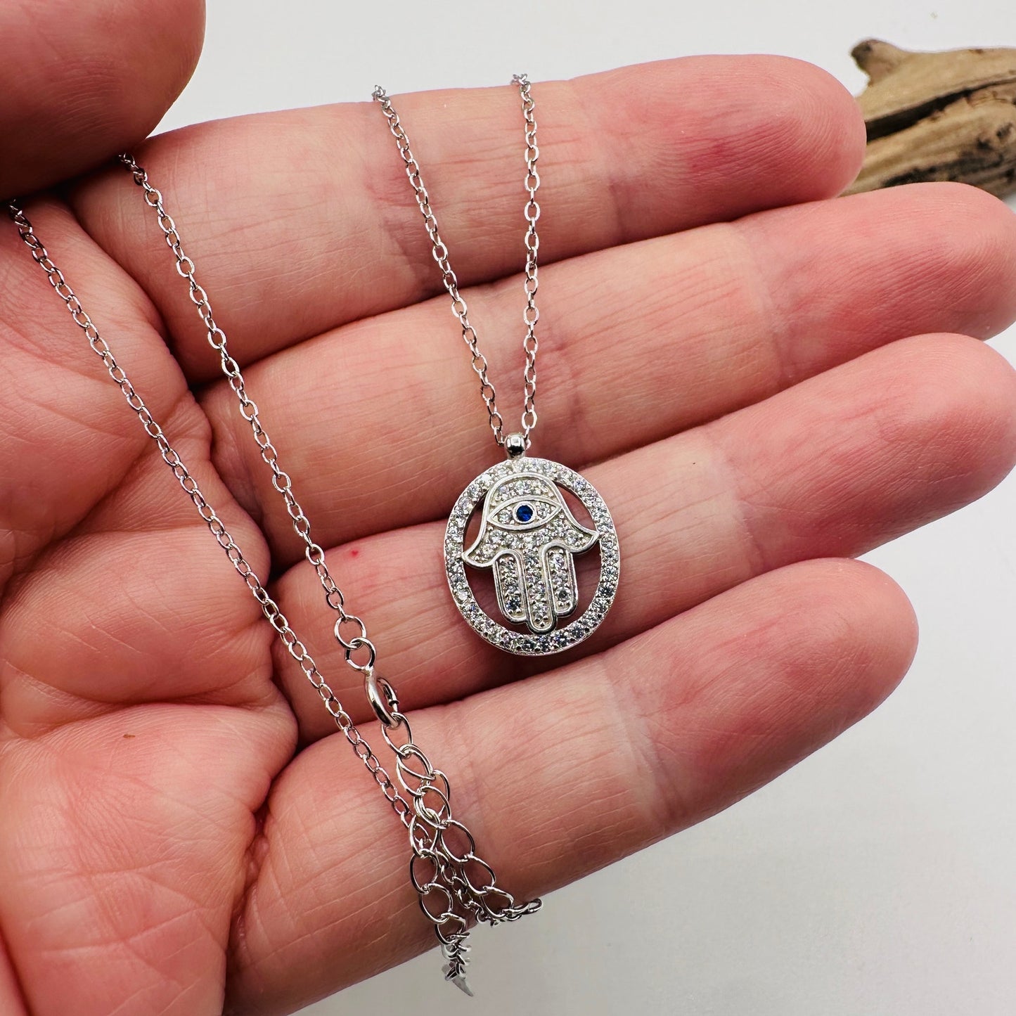 Hamsa Sterling Silver CZ Necklace-Protection Jewelry