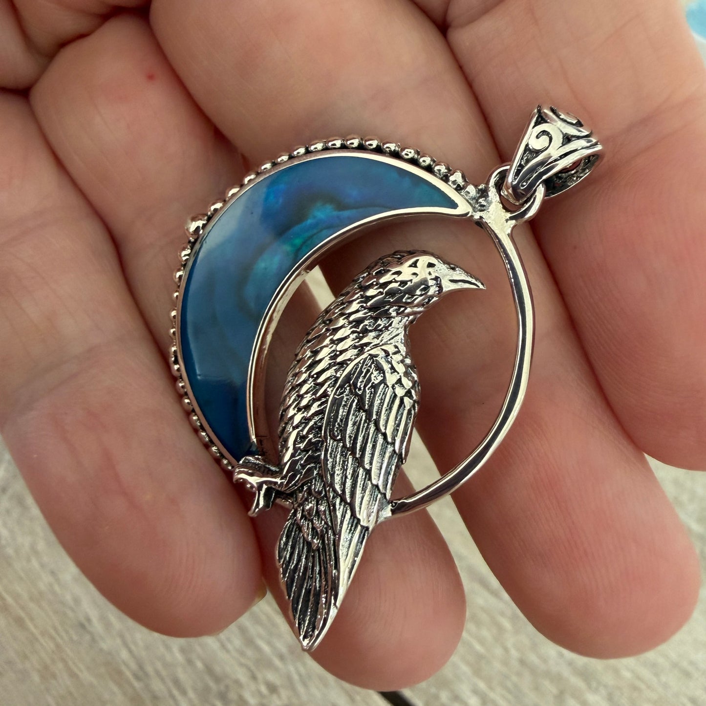 Raven in Crescent Moon Pendant 925 Sterling Silver Blue Shell Inlay