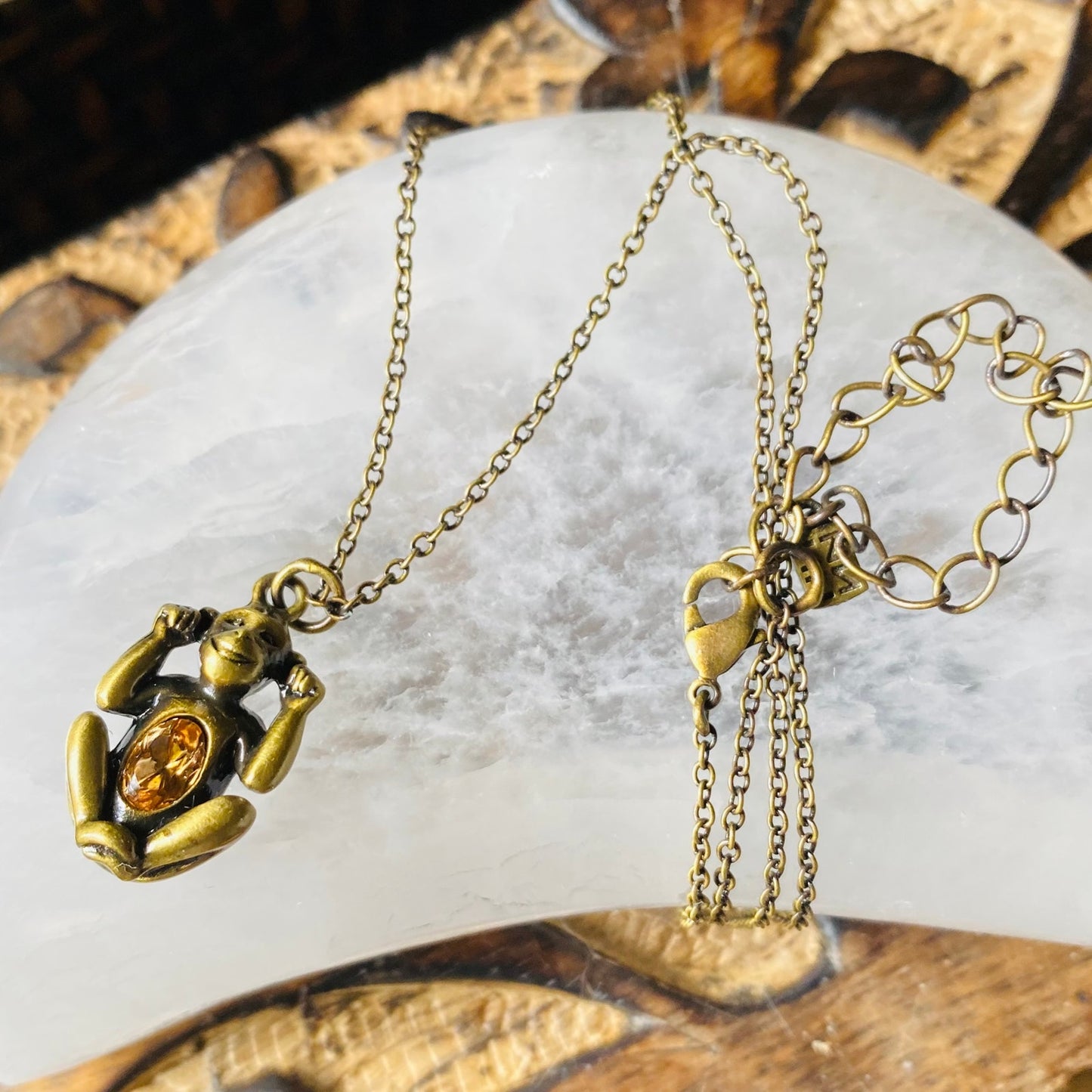 Hear No Evil Monkey Necklace Antique Copper Citrine Crystal