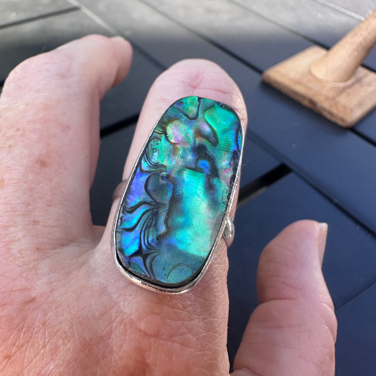 Abalone Shell Sterling Silver Plated Ring – Size 13 Statement Jewelry