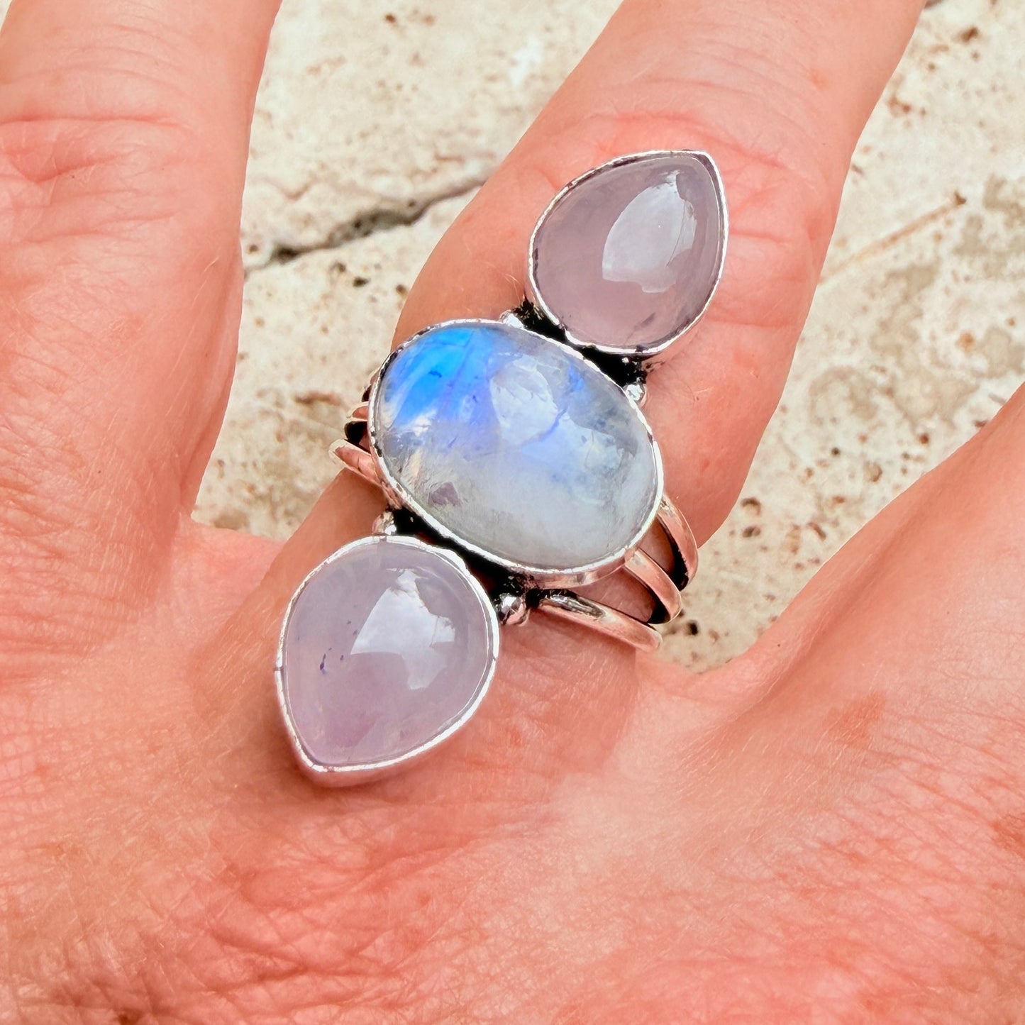 Rainbow Moonstone & Rose Quartz 925 Silver Overlay Ring Size 8