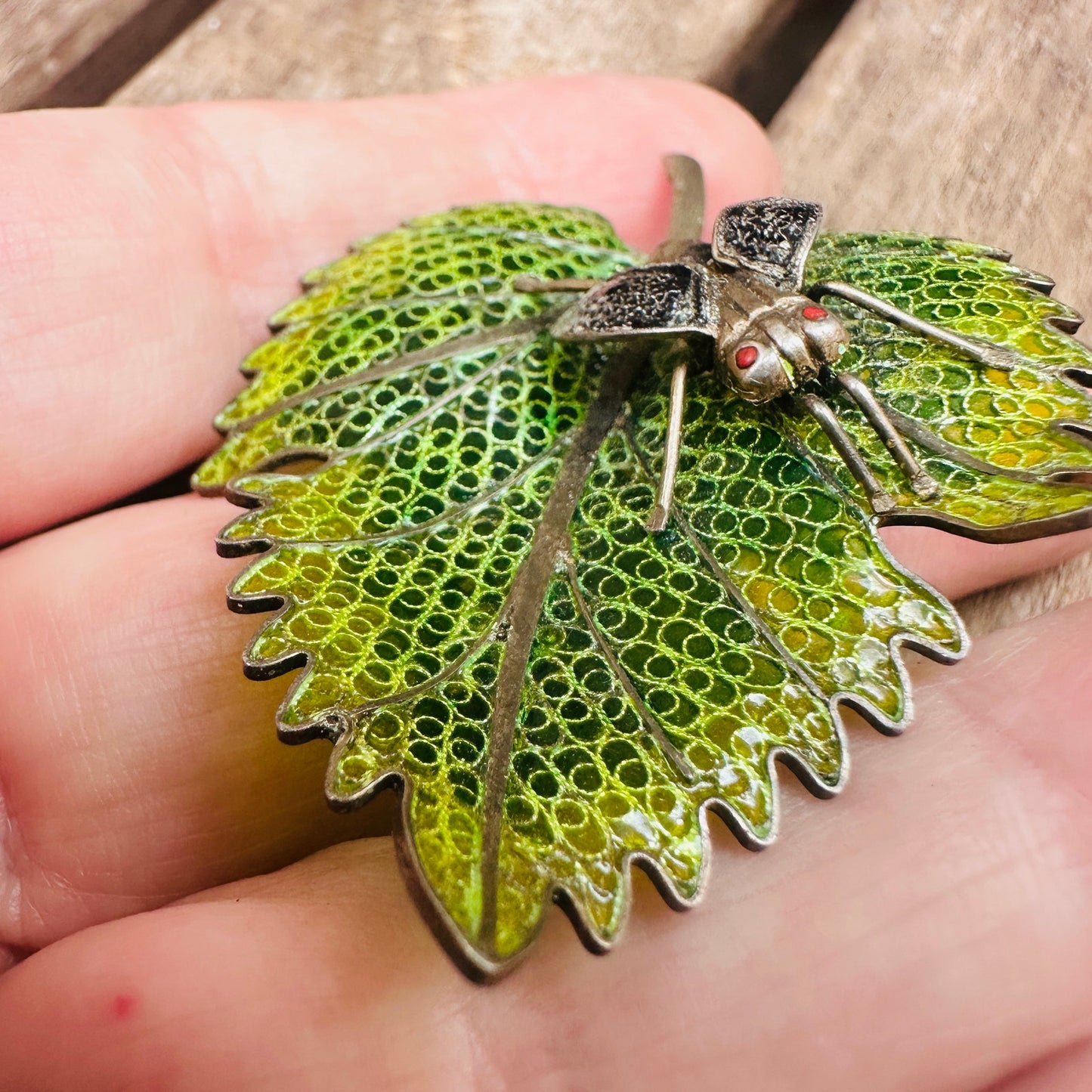 Vintage Plique a Jour Enamel 800 Silver Leaf Bug Brooch Large