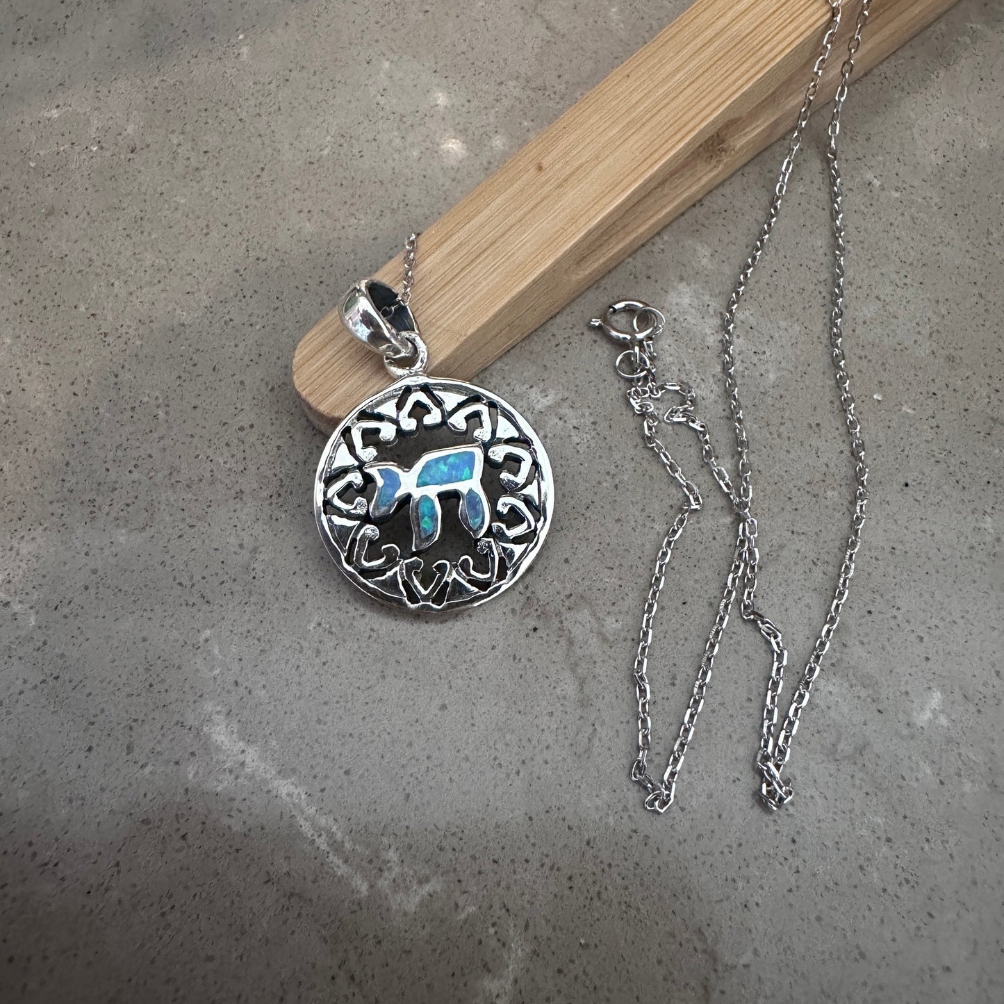 Sterling Silver Chai Pendant Necklace with Opal Inlay and Filigree Design
