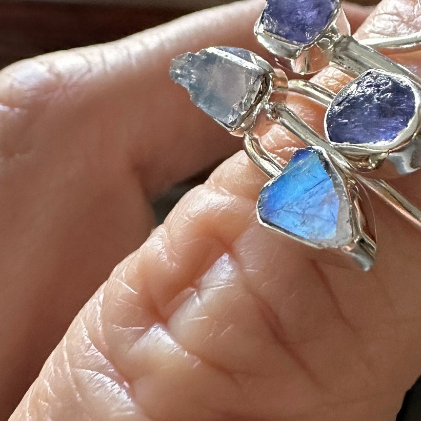 Natural Tanzanite Crystal & Moonstone Rough Sterling Silver Ring