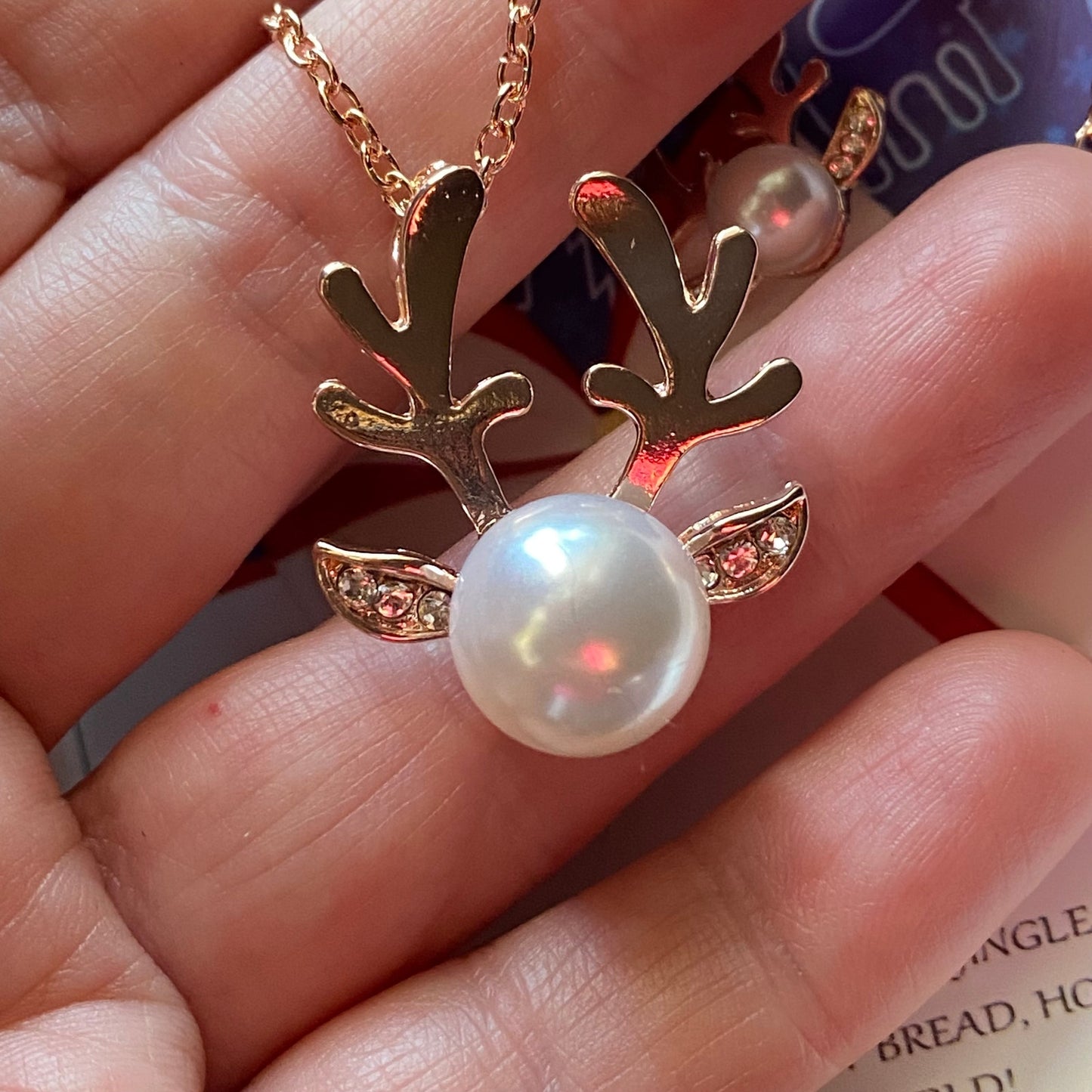 Reindeer Pearl Necklace and Earrings Set-Christmas Jewelry Gift Set Gold Tone