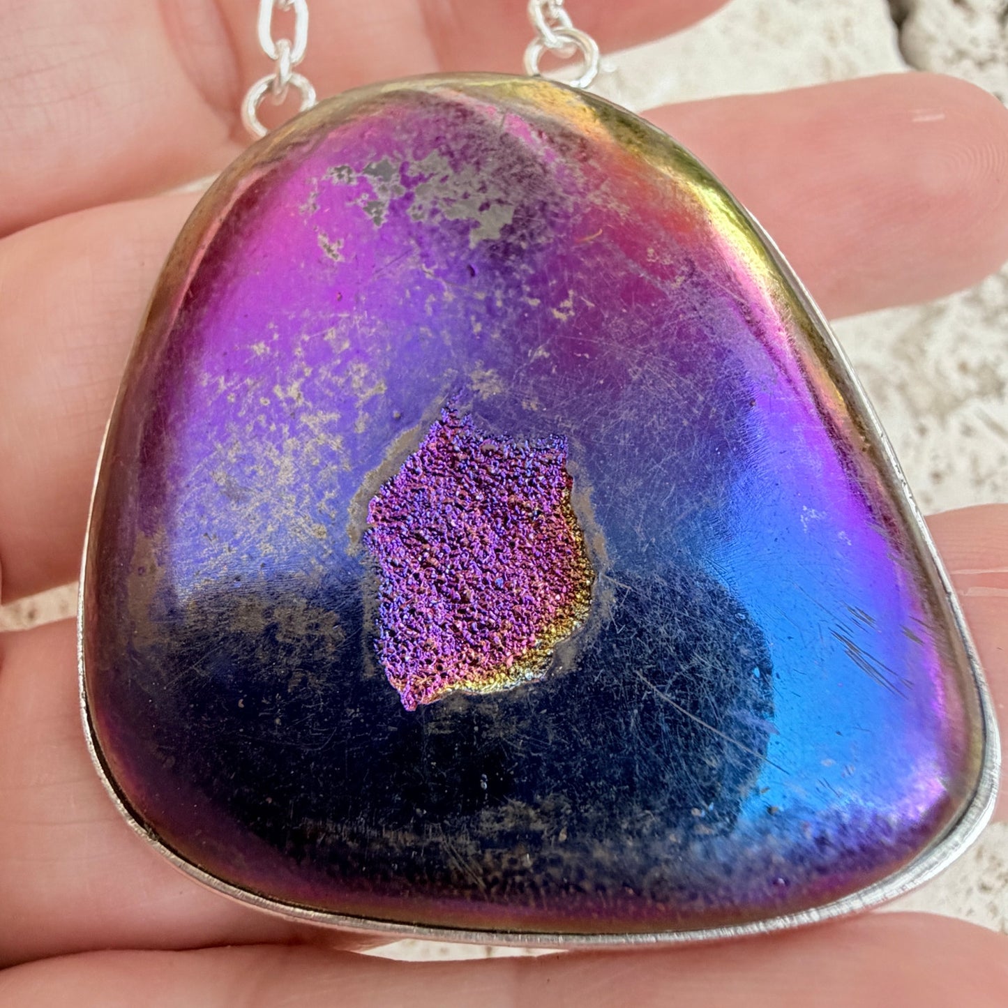 Peacock Aura Druzy Pendant 925 Silver Overlay
