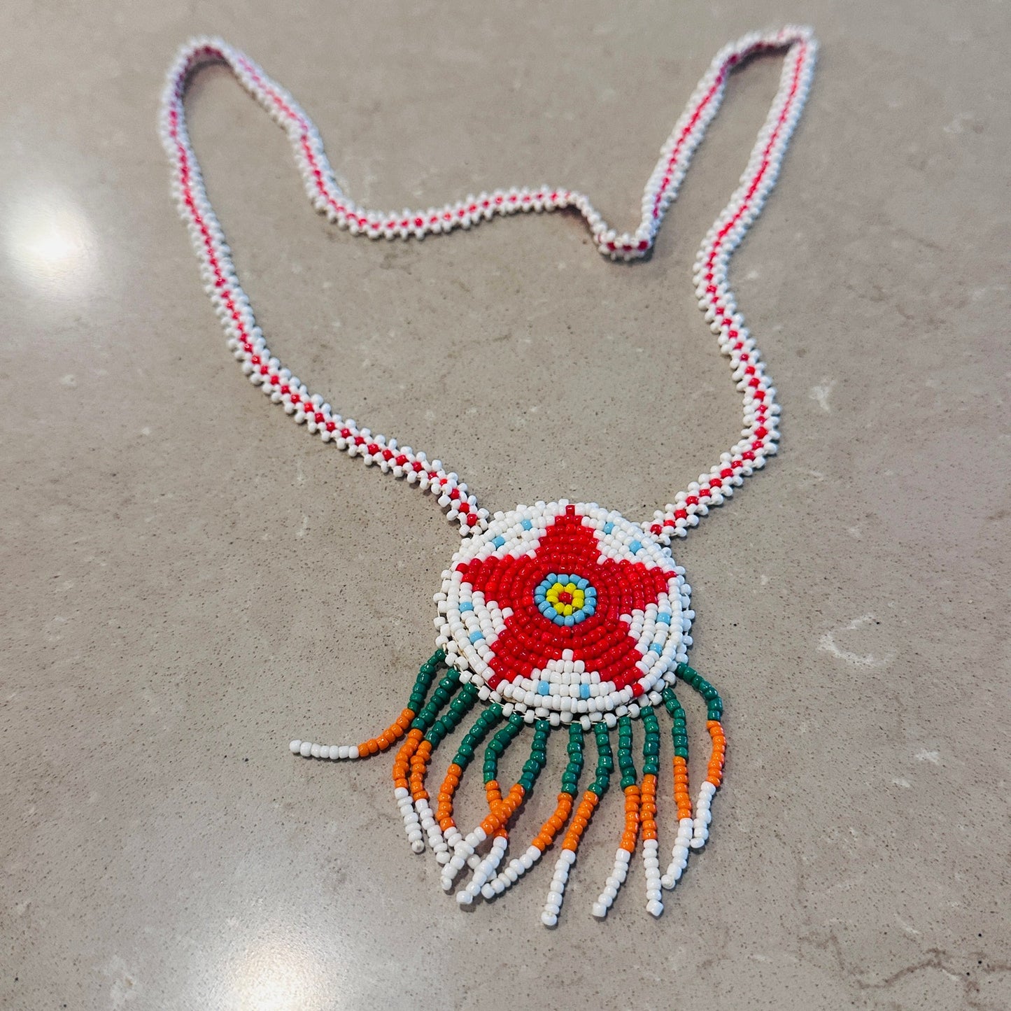 Hand-Beaded Authentic Native American Red Star Medallion Leather Necklace