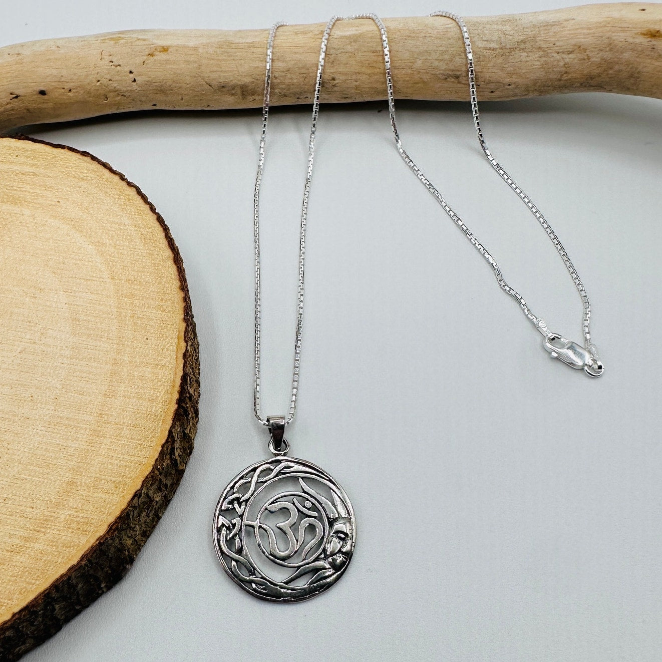Sterling Silver Om Pendant Necklace-Celtic Circle 925 Silver Yoga Meditation Jewelry