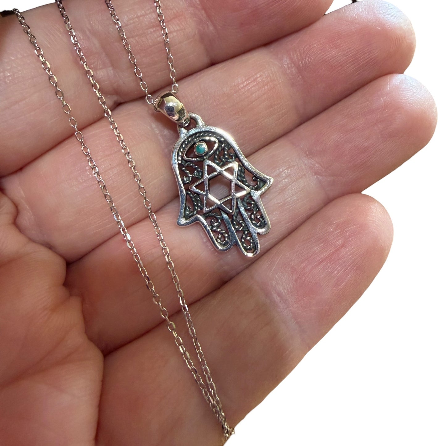 Sterling Siver Hamsa Hand Necklace Star of David Turquoise Pendant