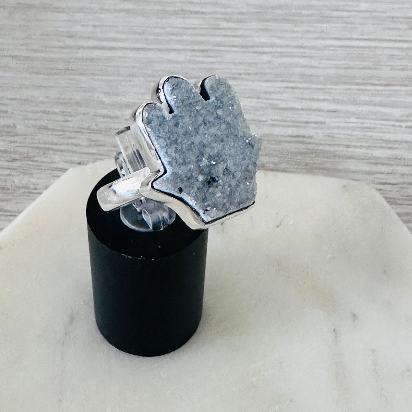 Hamsa Agate Druzy Sterling Silver Ring – Size 8, 925 Natural Stone
