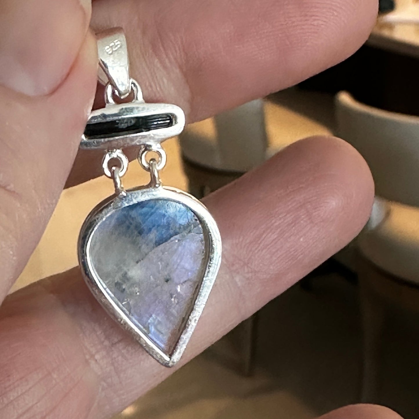 Natural Black Tourmaline In Rainbow Moonstone Sterling Silver Pendant