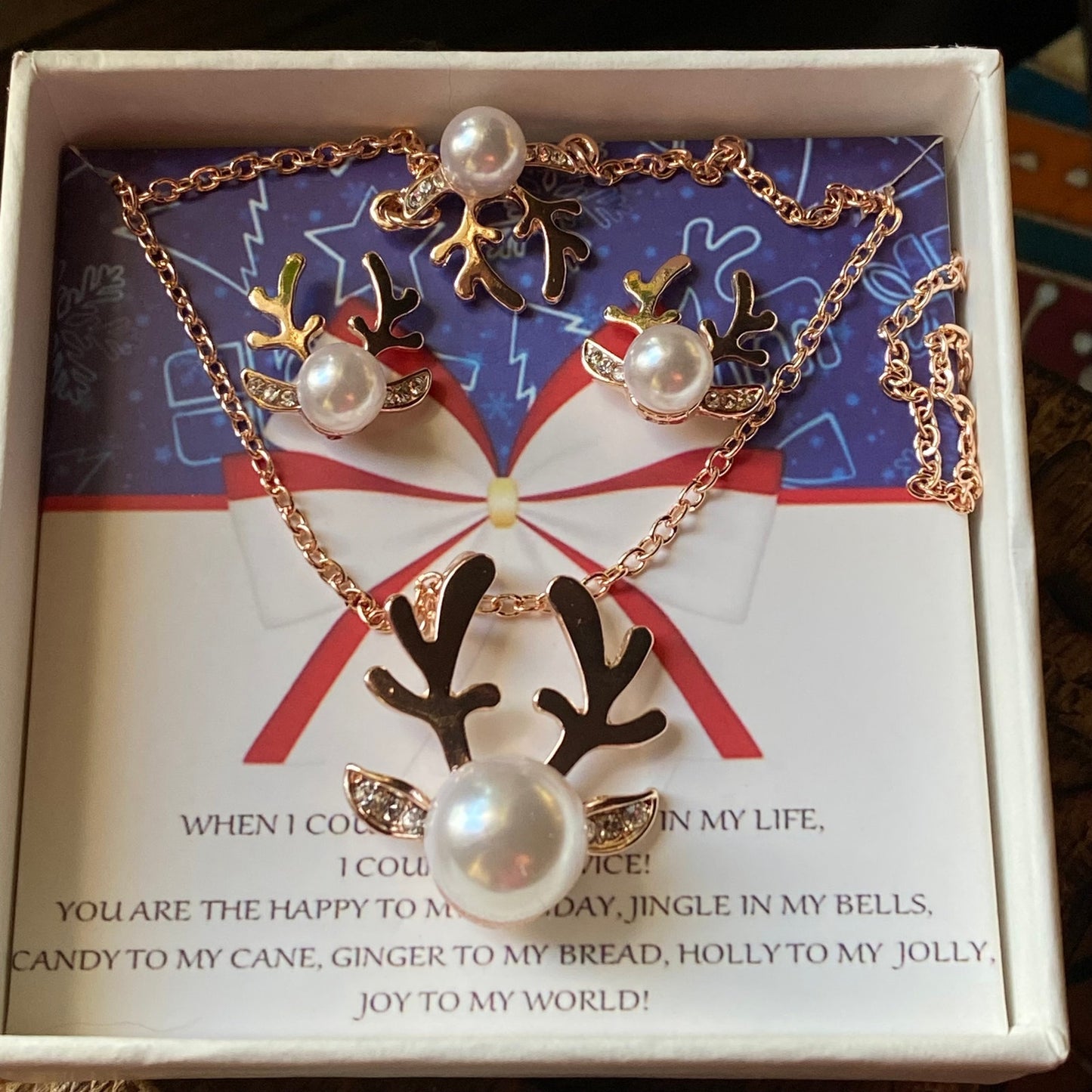 Reindeer Pearl Necklace and Earrings Set-Christmas Jewelry Gift Set Gold Tone