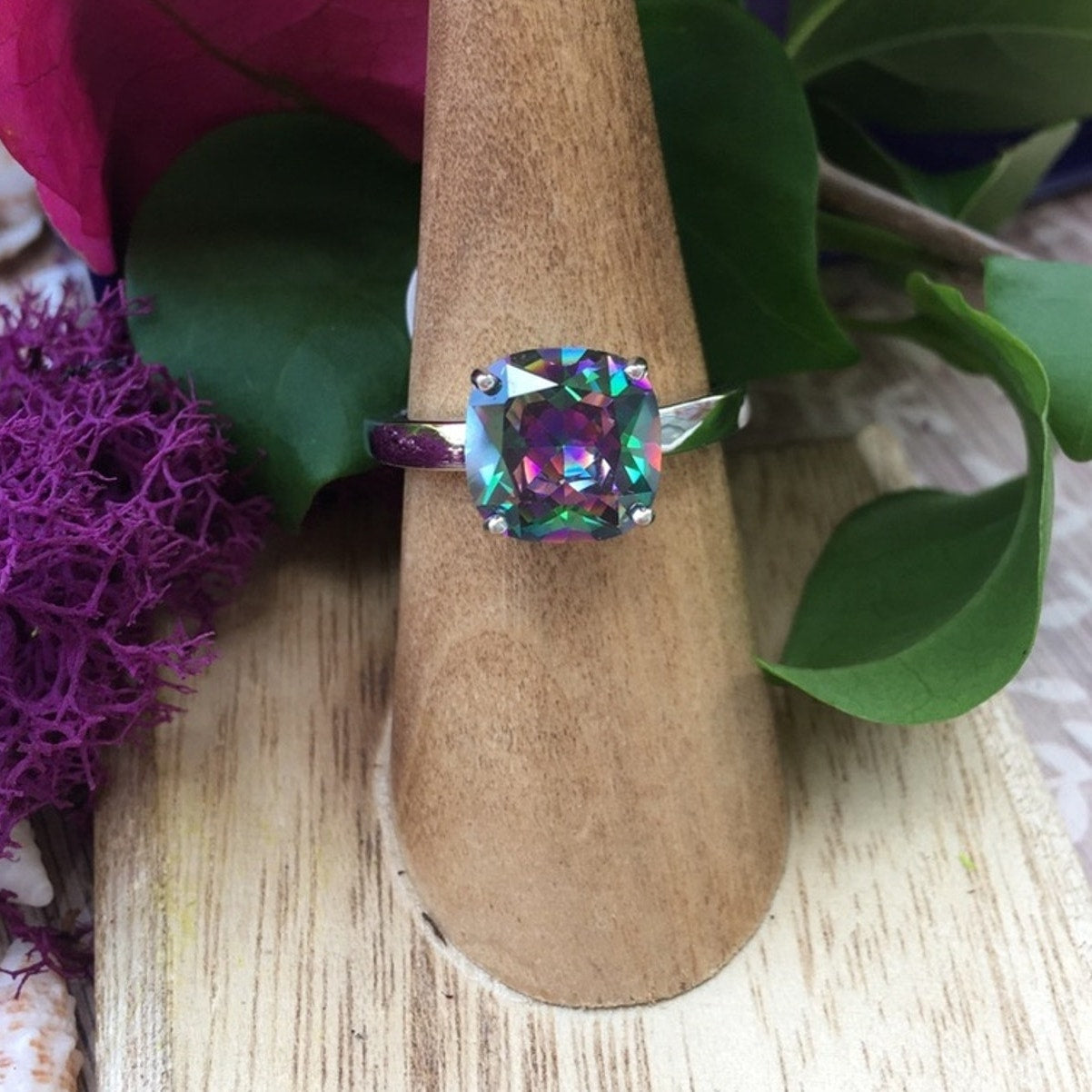 Rainbow Topaz Cushion Cut Sterling Silver Ring