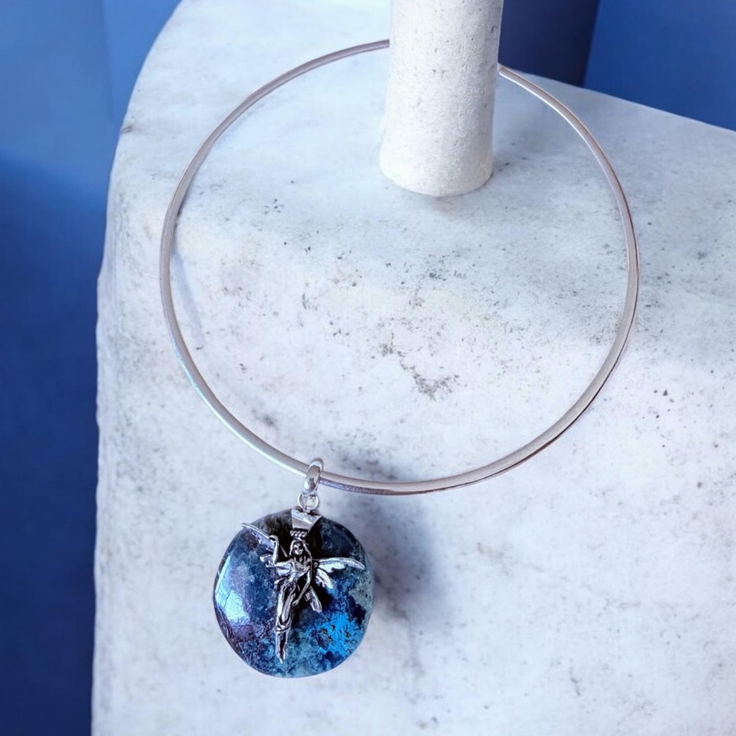 Fairy Chrysocolla Pendant Sterling Silver Overlay Collar Choker