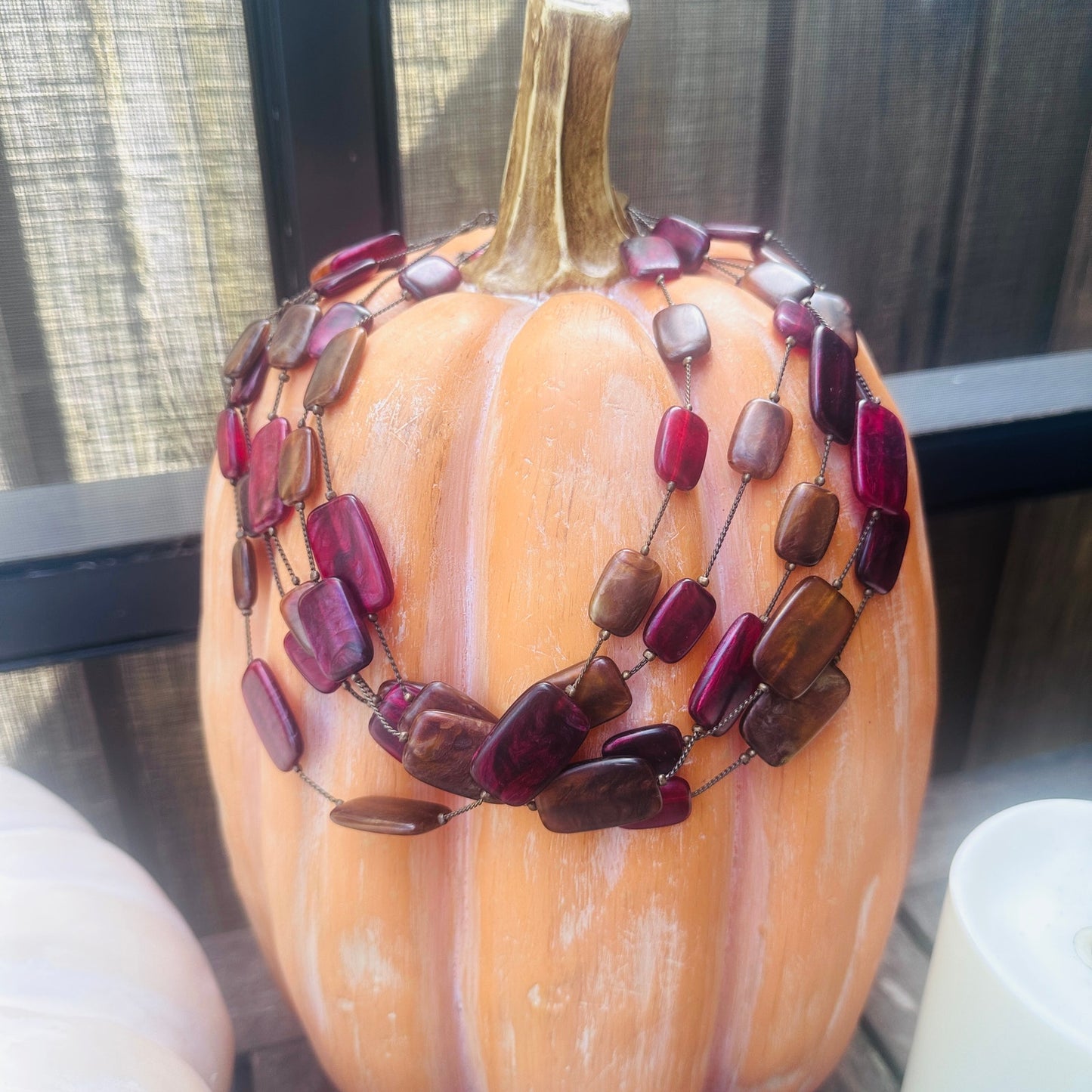 Chico's Multi Stand Statement Necklace-Pink & Brown Resin Lucite Beads