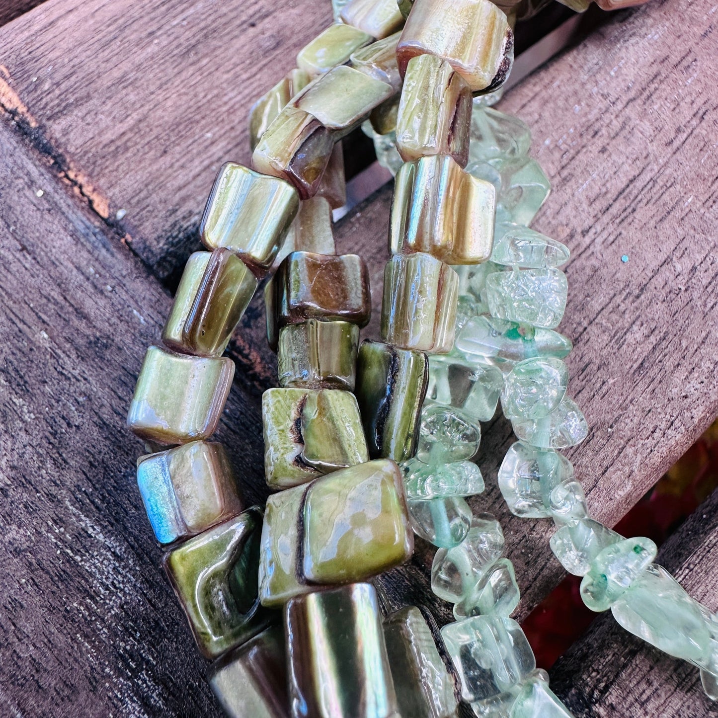 Chunky Green Gemstone & Mother of Pearl Multi-Strand Twisted Necklace