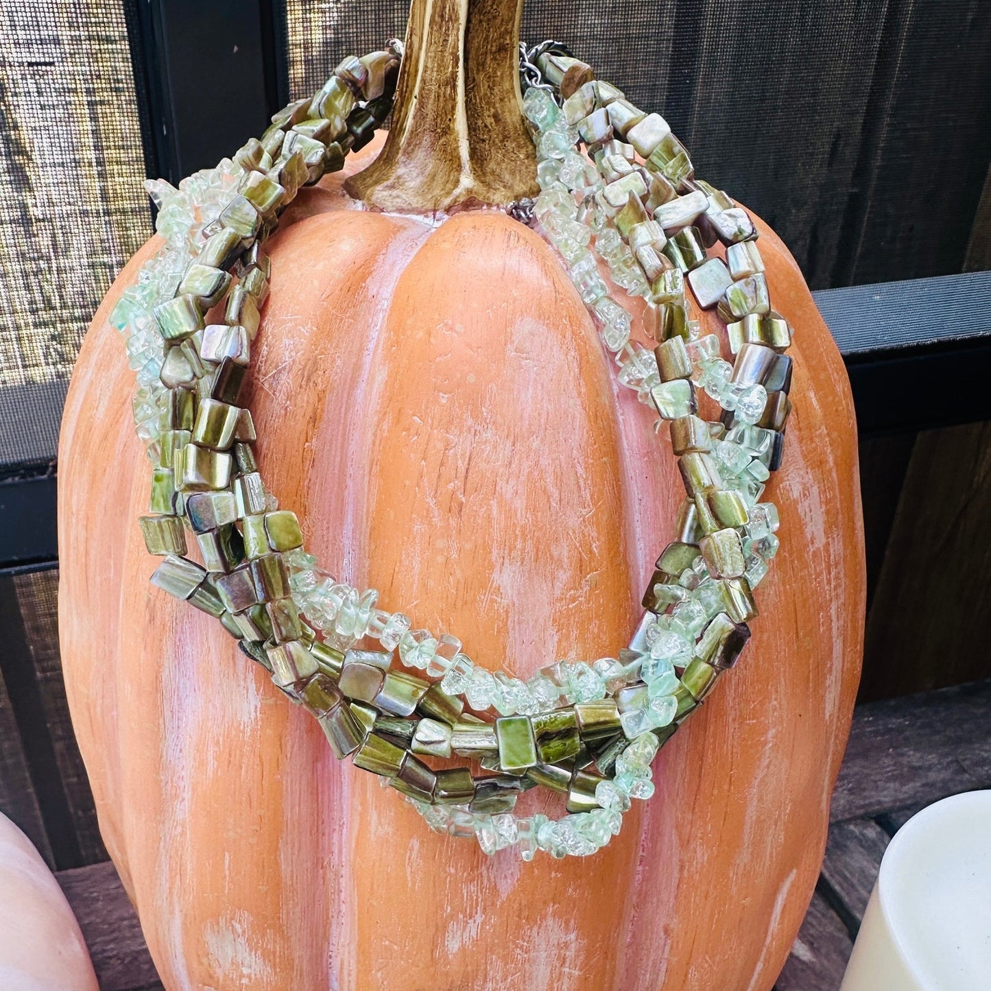 Chunky Green Gemstone & Mother of Pearl Multi-Strand Twisted Necklace