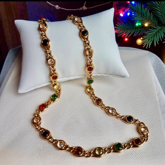 Gold-Plated Multi-Color Cubic Zirconia Choker Necklace-Stainless Steel