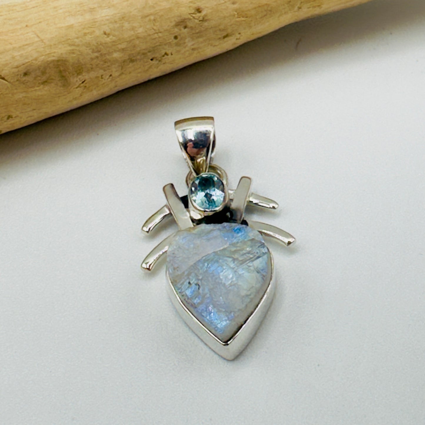 Sterling Silver Natural Rainbow Moonstone Rough & Blue Topaz Pendant