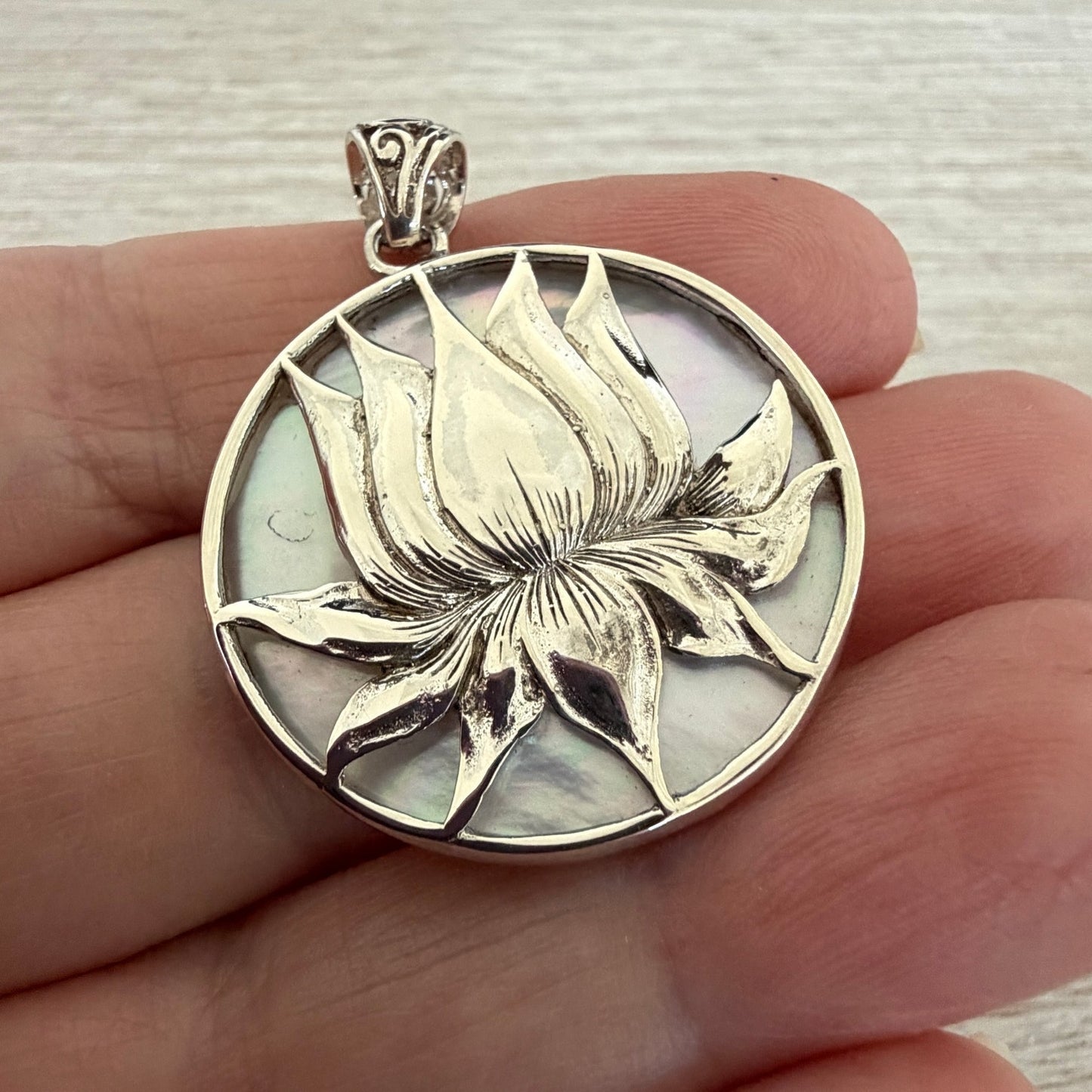 Sterling Silver Lotus Medallion Pendant- Mother of Pearl Shell