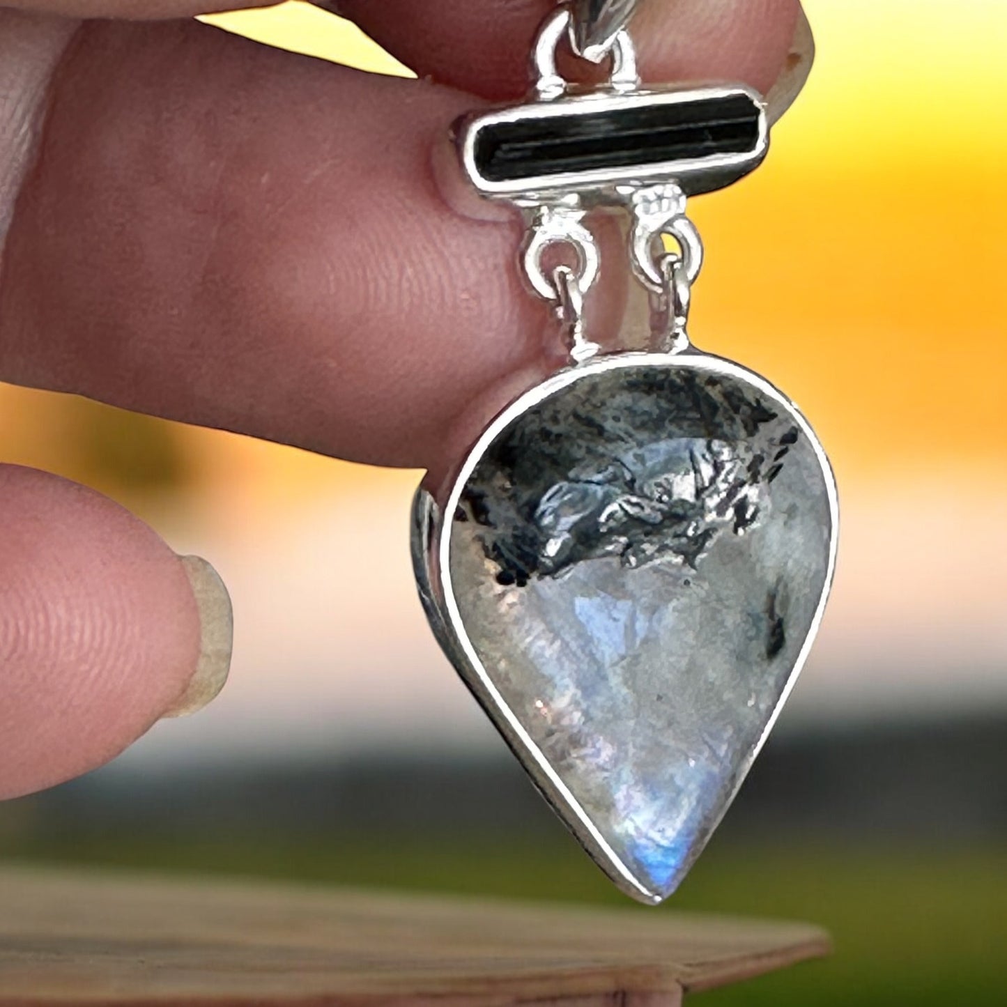 Natural Black Tourmaline In Rainbow Moonstone Sterling Silver Pendant