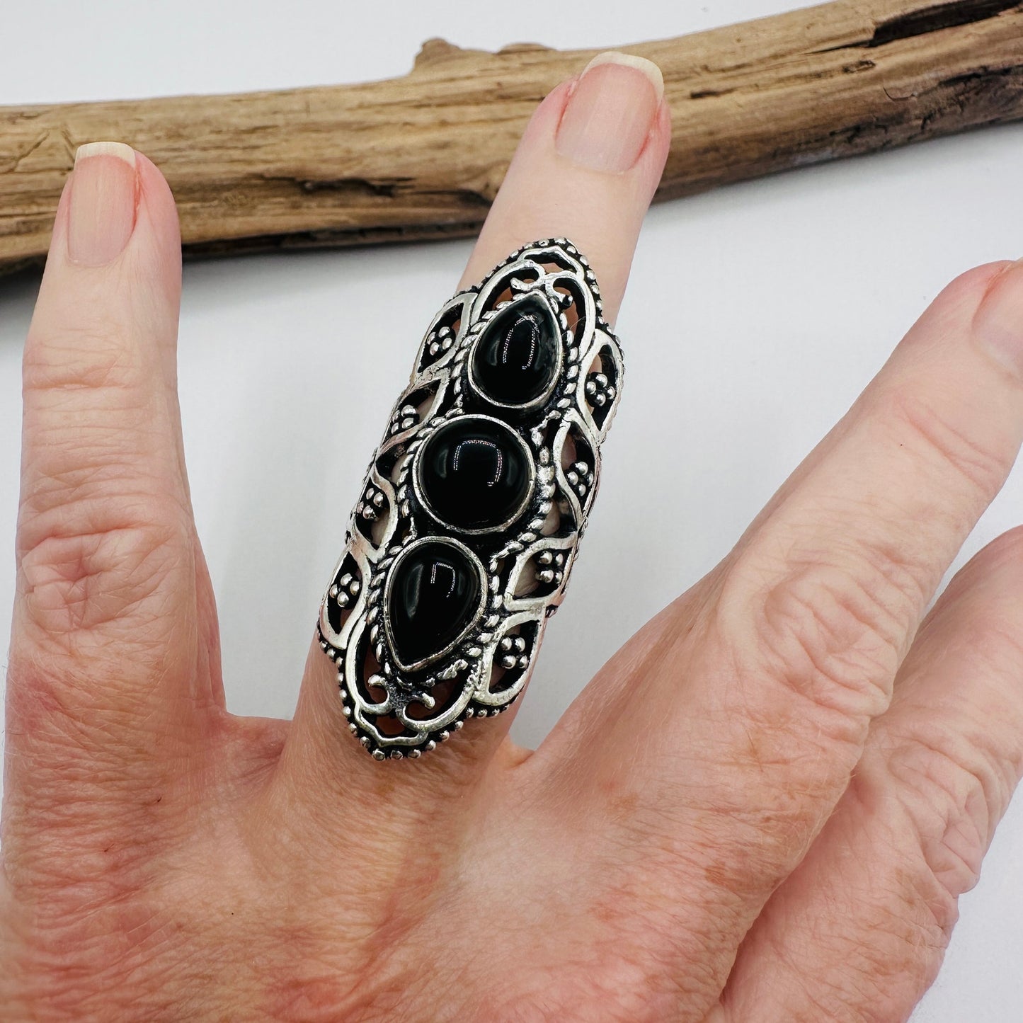 Black Onyx Sterling Silver Plated Ring – Size 7, Ornate Four-Stone Statement Design, Gemstone Ring