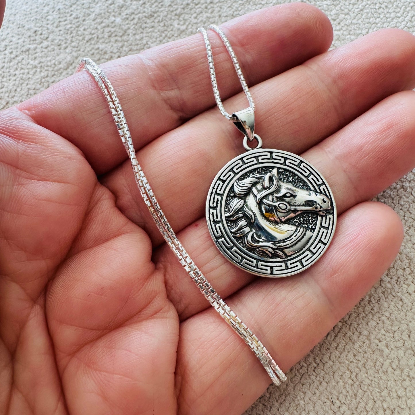 Sterling Silver Horse Medallion Necklace-925 Rounded Box Chain