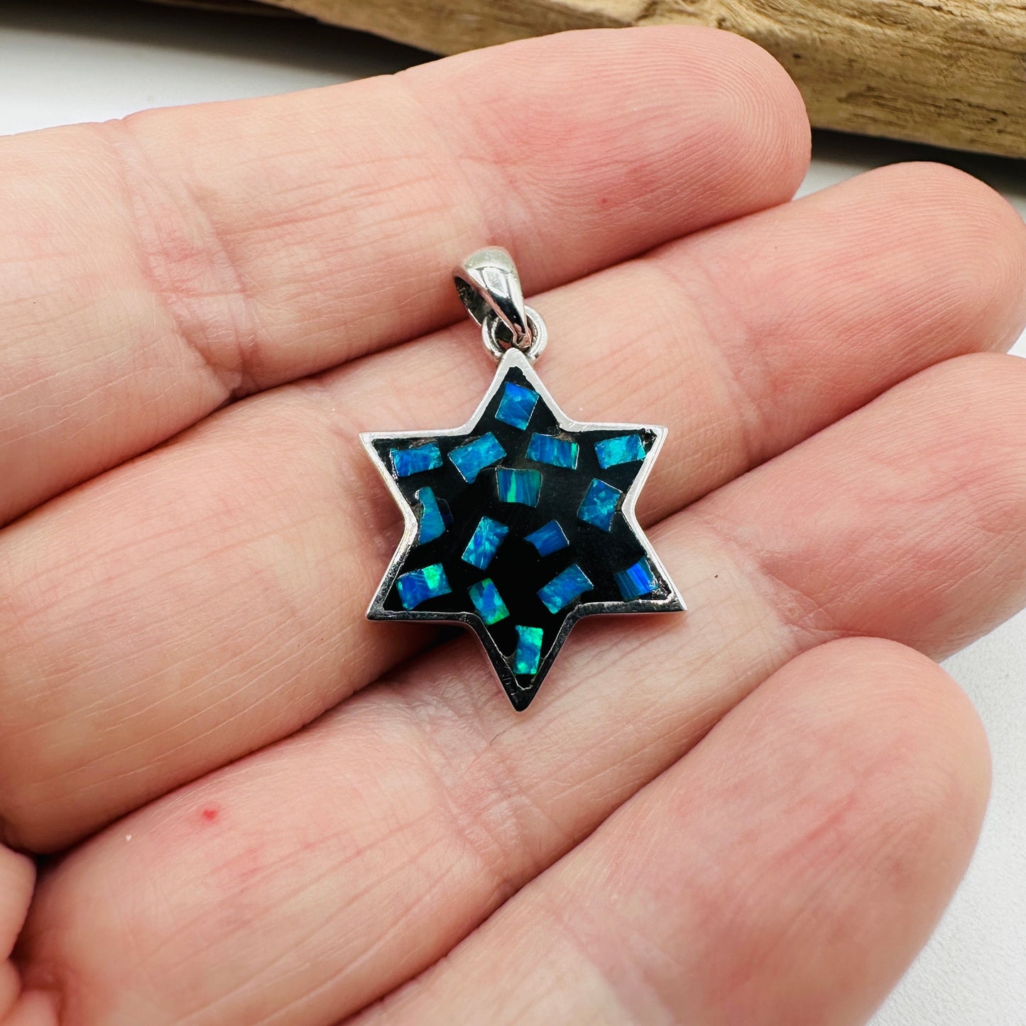 Sterling Silver Mosaic Lab Opal Star of David Pendant, Jewish Star