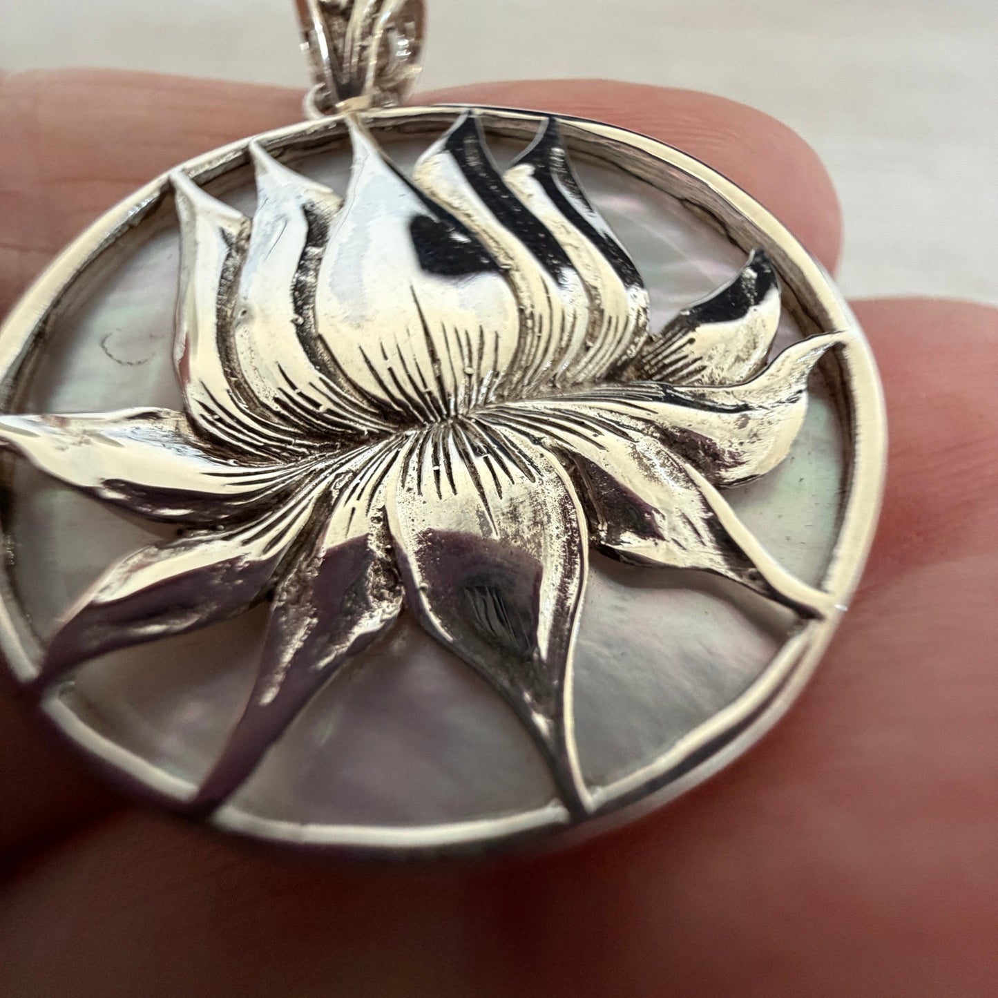 Sterling Silver Lotus Medallion Pendant- Mother of Pearl Shell