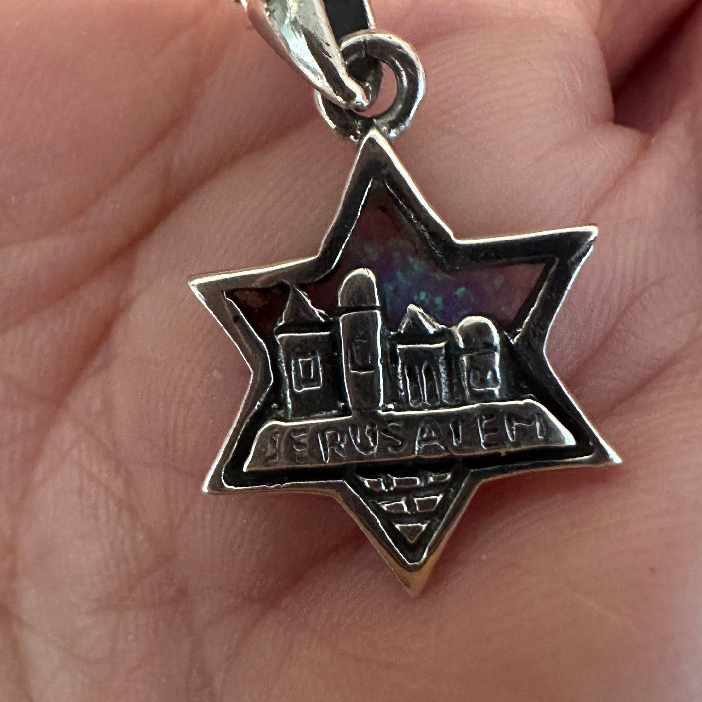 Sterling Silver Lab Opal Pendant Star of David Jerusalem Necklace