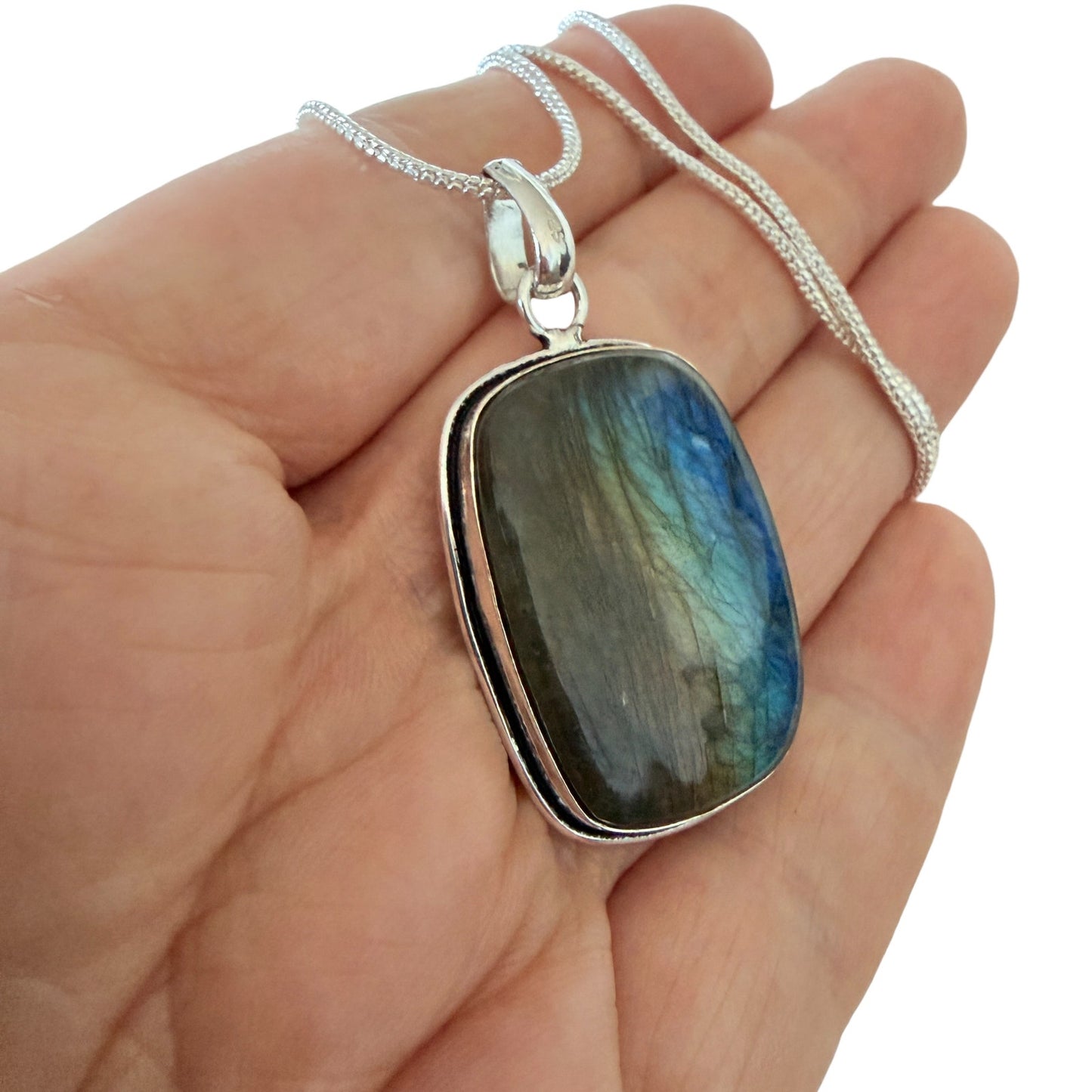 Fiery Labradorite 925 Silver Overlay Pendant Necklace Blue Flash