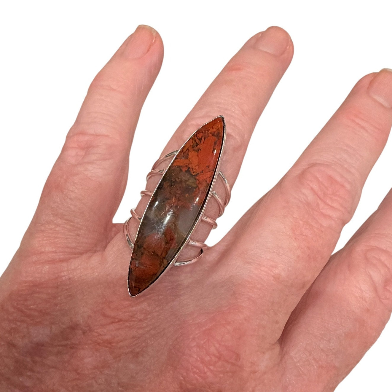 Marquise Red Jasper Ring 925 Silver Plated Boho Statement Ring Size 8