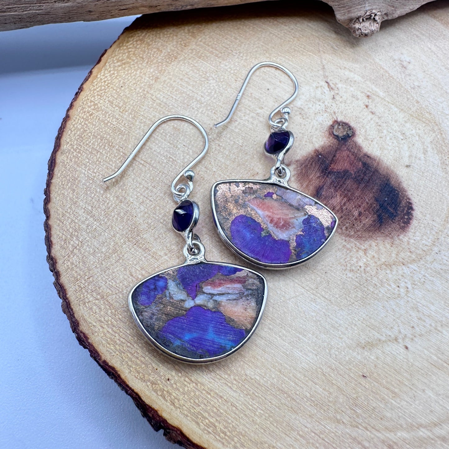 New Oyster Purple Turquoise & Amethyst 925 Silver Earring