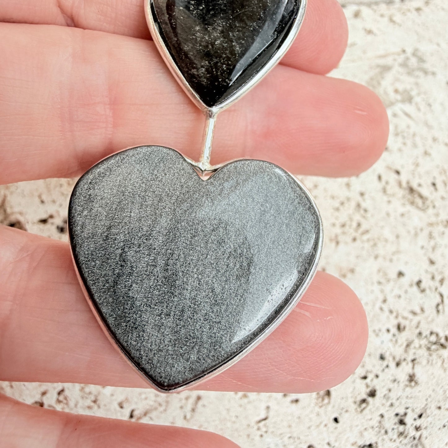 Silver Obsidian Double Heart Pendant 925 Silver Overlay
