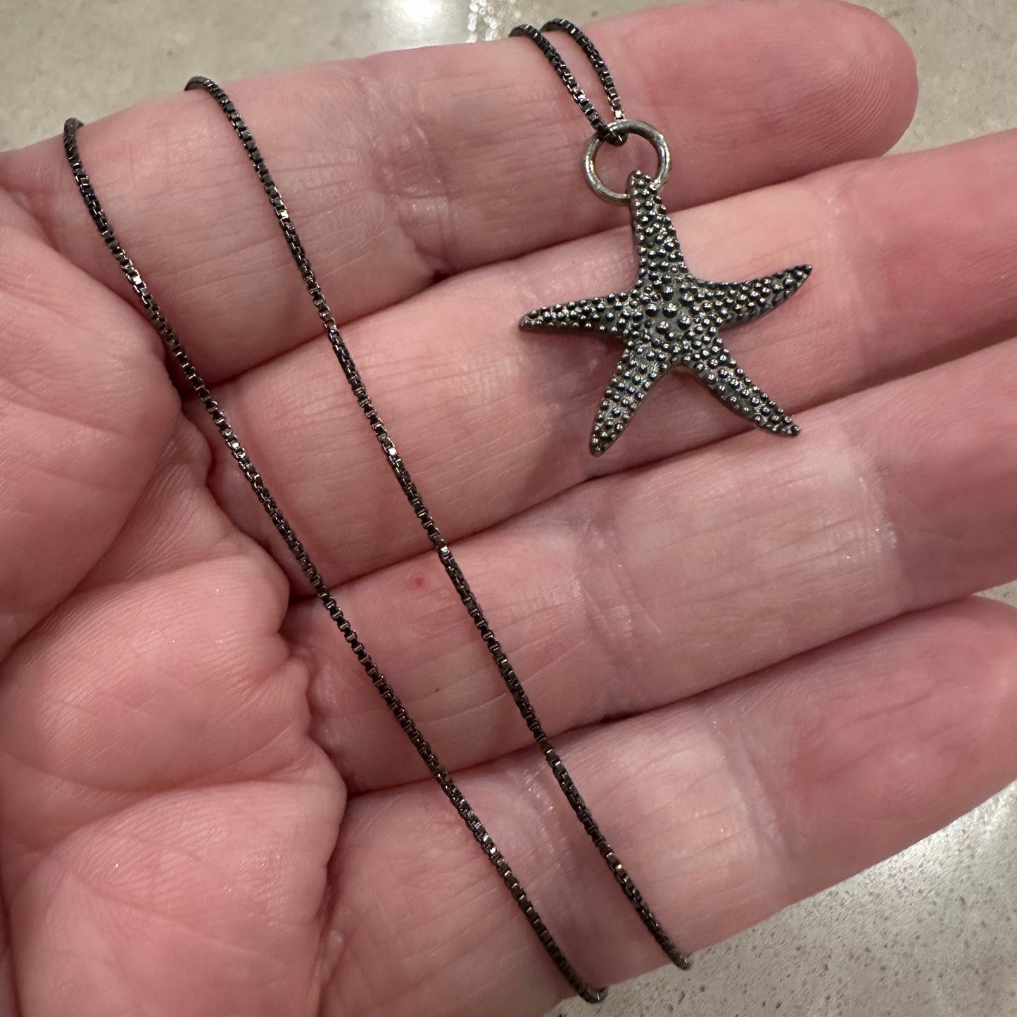 Sterling Silver Starfish Necklace, Black Rhodium Box Chain