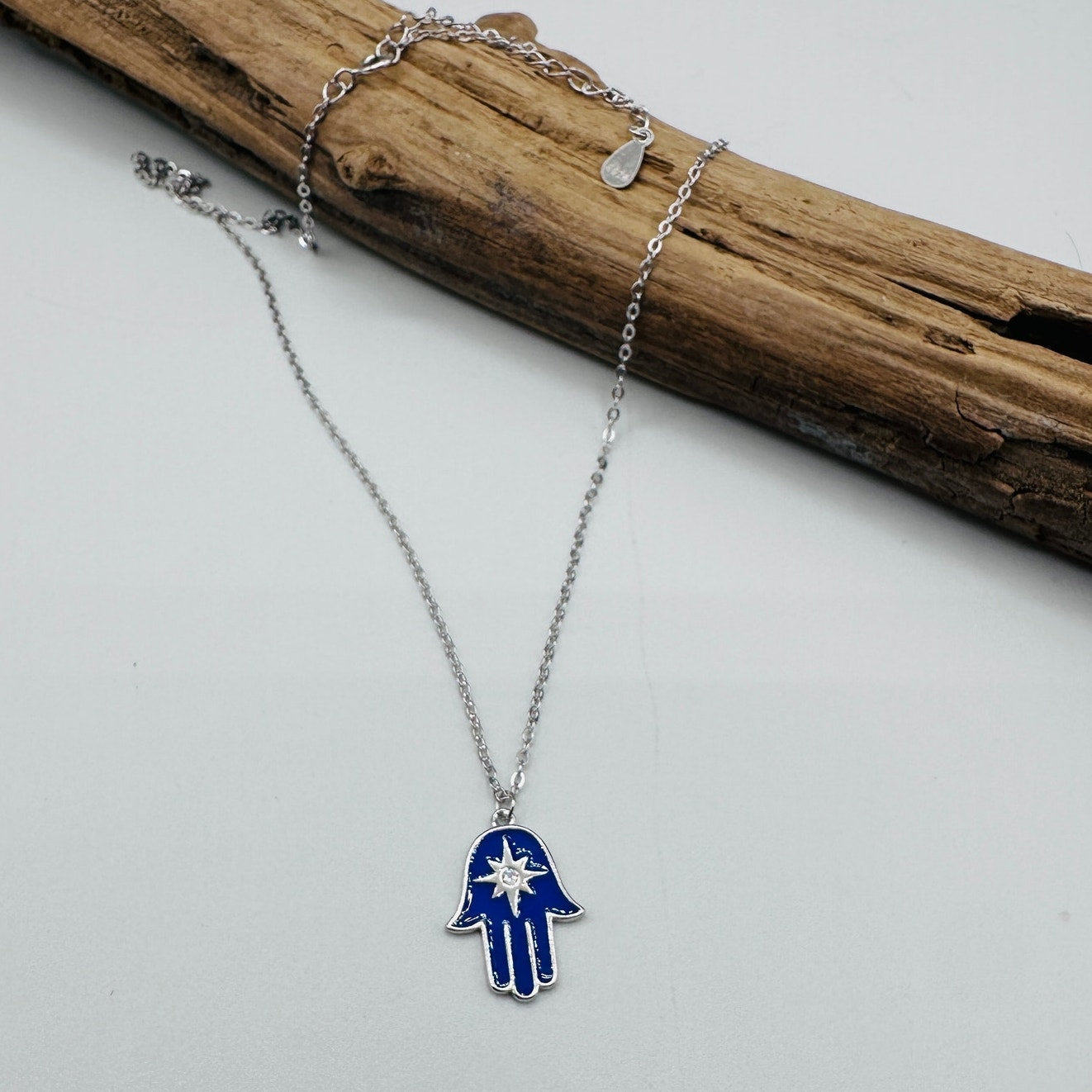 Sterling Silver Blue Enamel Hamsa Star of David Necklace
