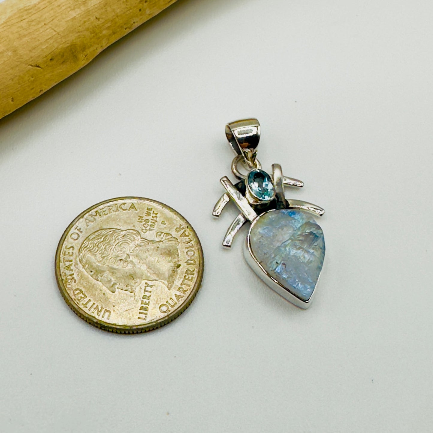 Sterling Silver Natural Rainbow Moonstone Rough & Blue Topaz Pendant