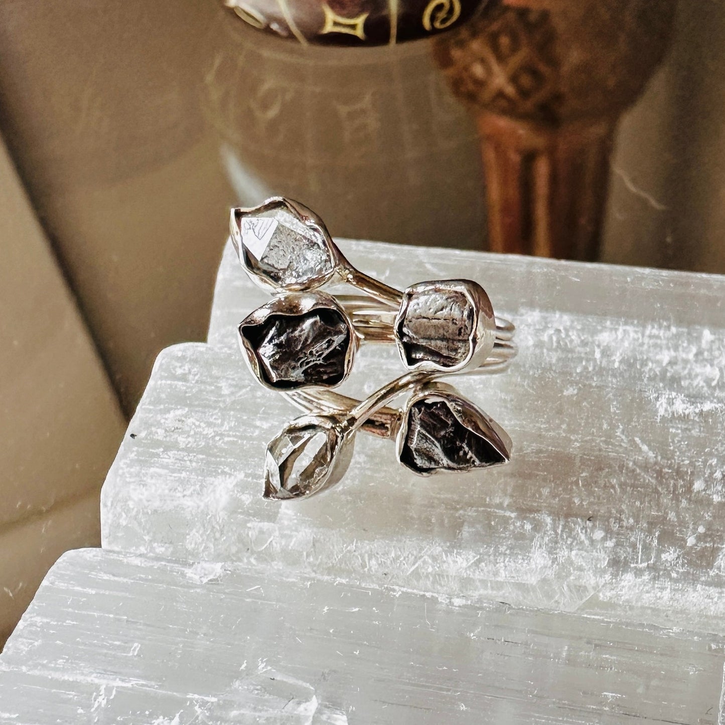 Natural Herkimer Diamond & Meteorite Campo Del Cielo Sterling Ring