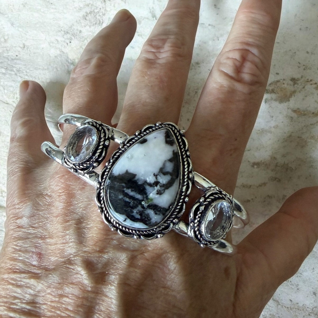 White Buffalo Turquoise White Topaz 925 Silver Overlay Cuff Bangle