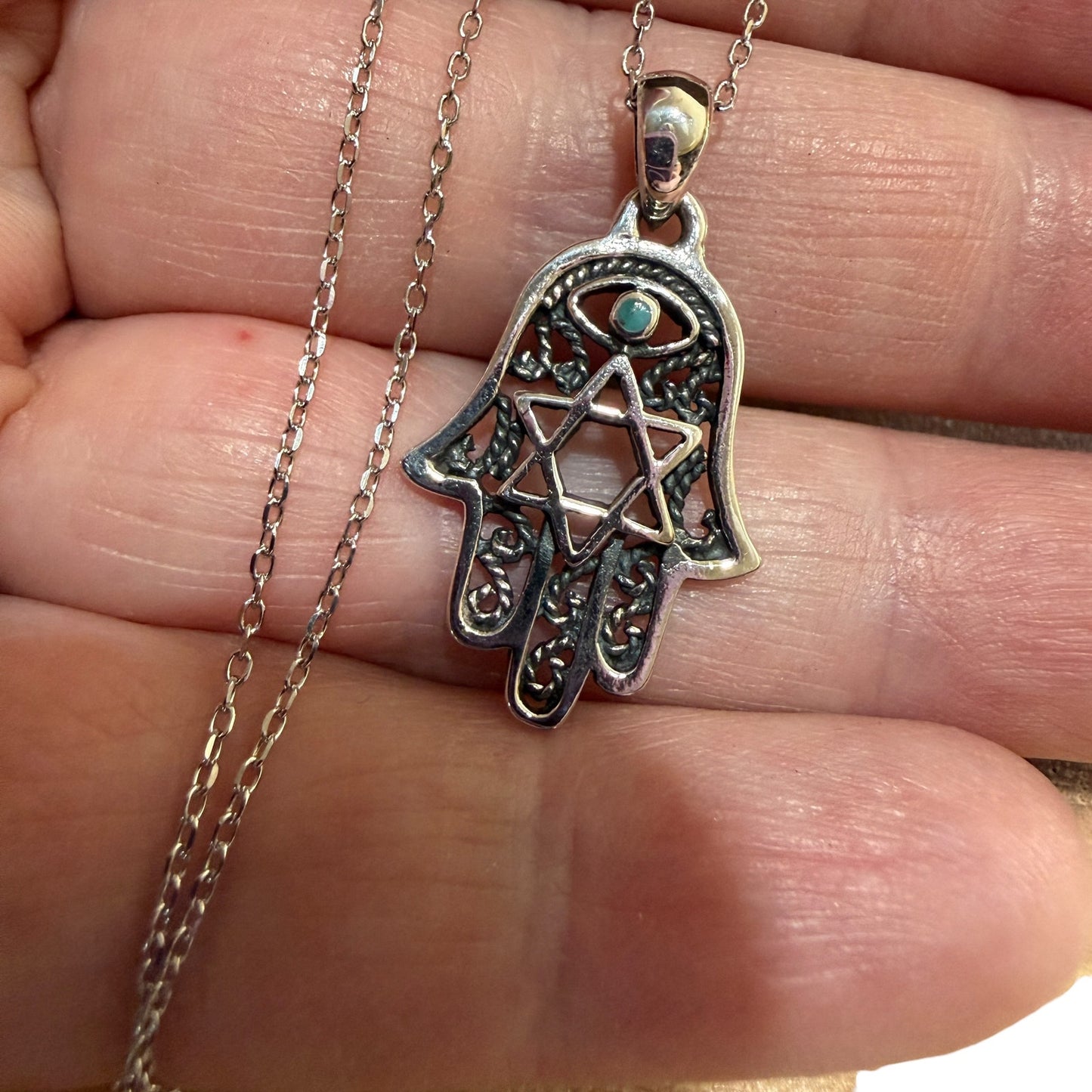 Sterling Siver Hamsa Hand Necklace Star of David Turquoise Pendant