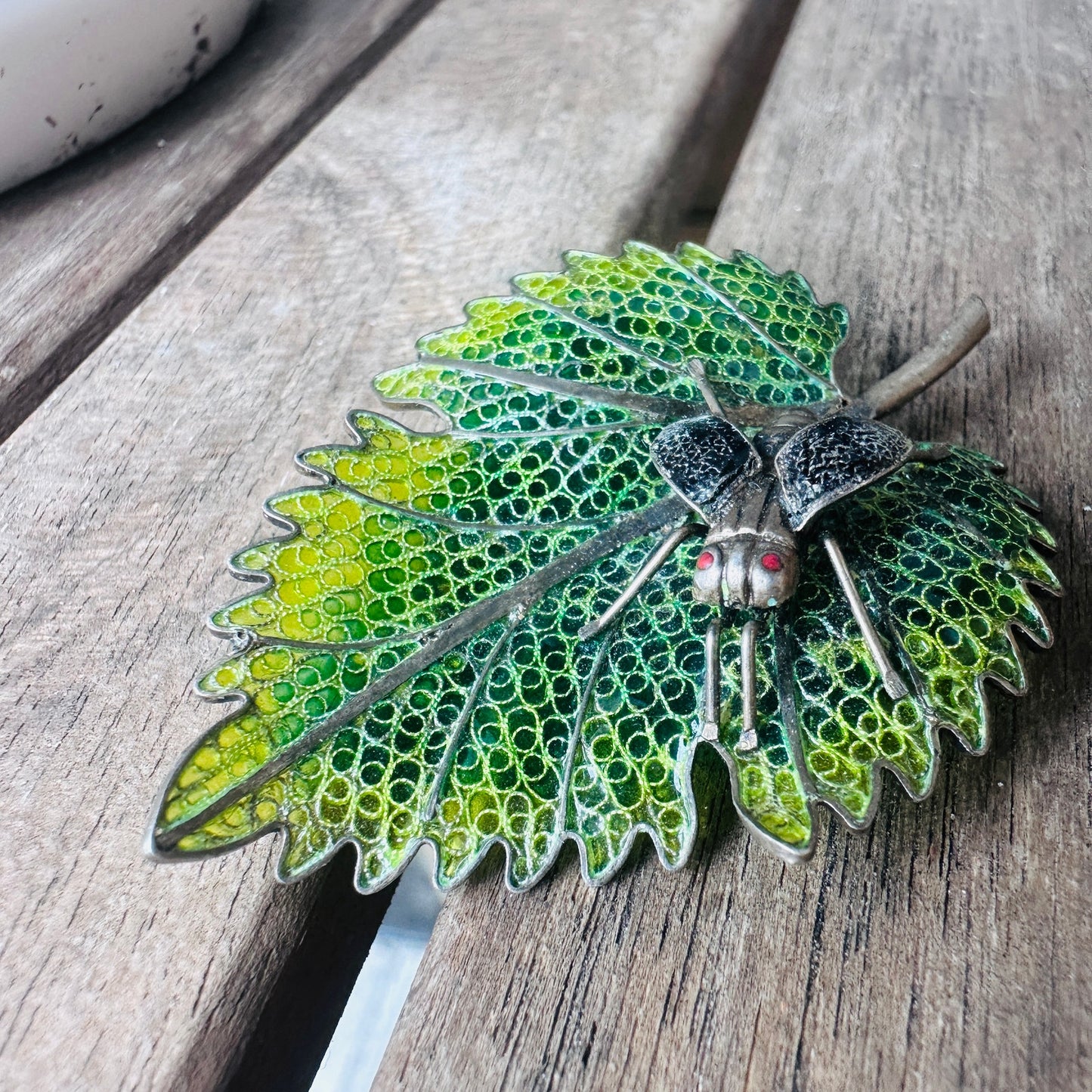 Vintage Plique a Jour Enamel 800 Silver Leaf Bug Brooch Large