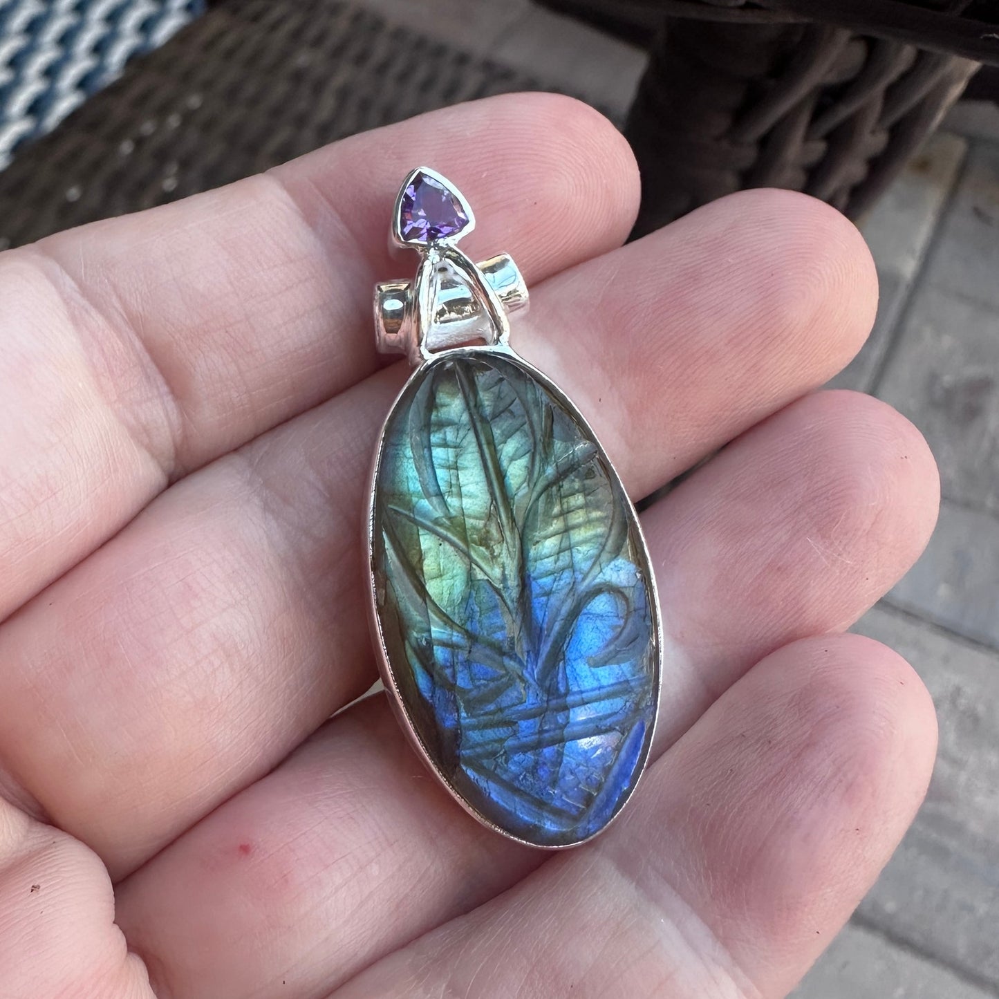 Natural Carving Labradorite & Amethyst 925 Silver Pendant